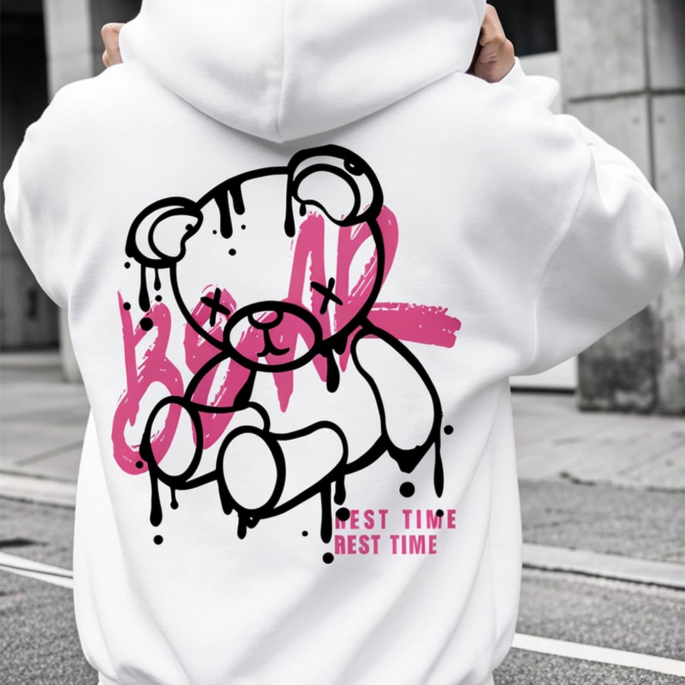 Image of Men's Black Hoodie With White Graffiti Bear & Print - Y2k Streetwear Bear Hoodie, Machine Washable, Regular Fit For Gym, Fleece, Outdoor & Casual Wear -