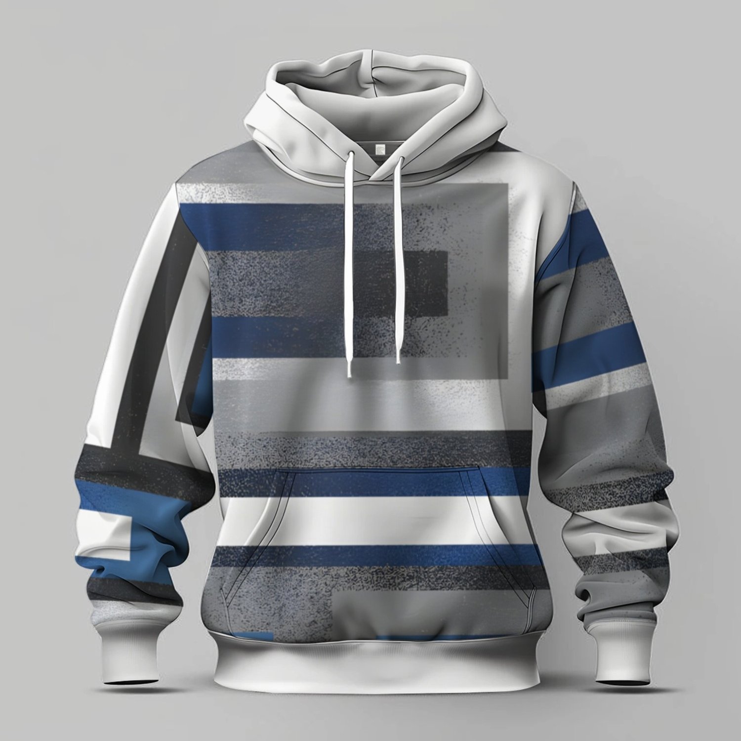 Image of Men's Fashion Hoodie, Geometric Abstract Pattern With Interlocking Blue Gray White Shapes Hoodie, Suitable For Autumn And Winter, Ideal As A Gift