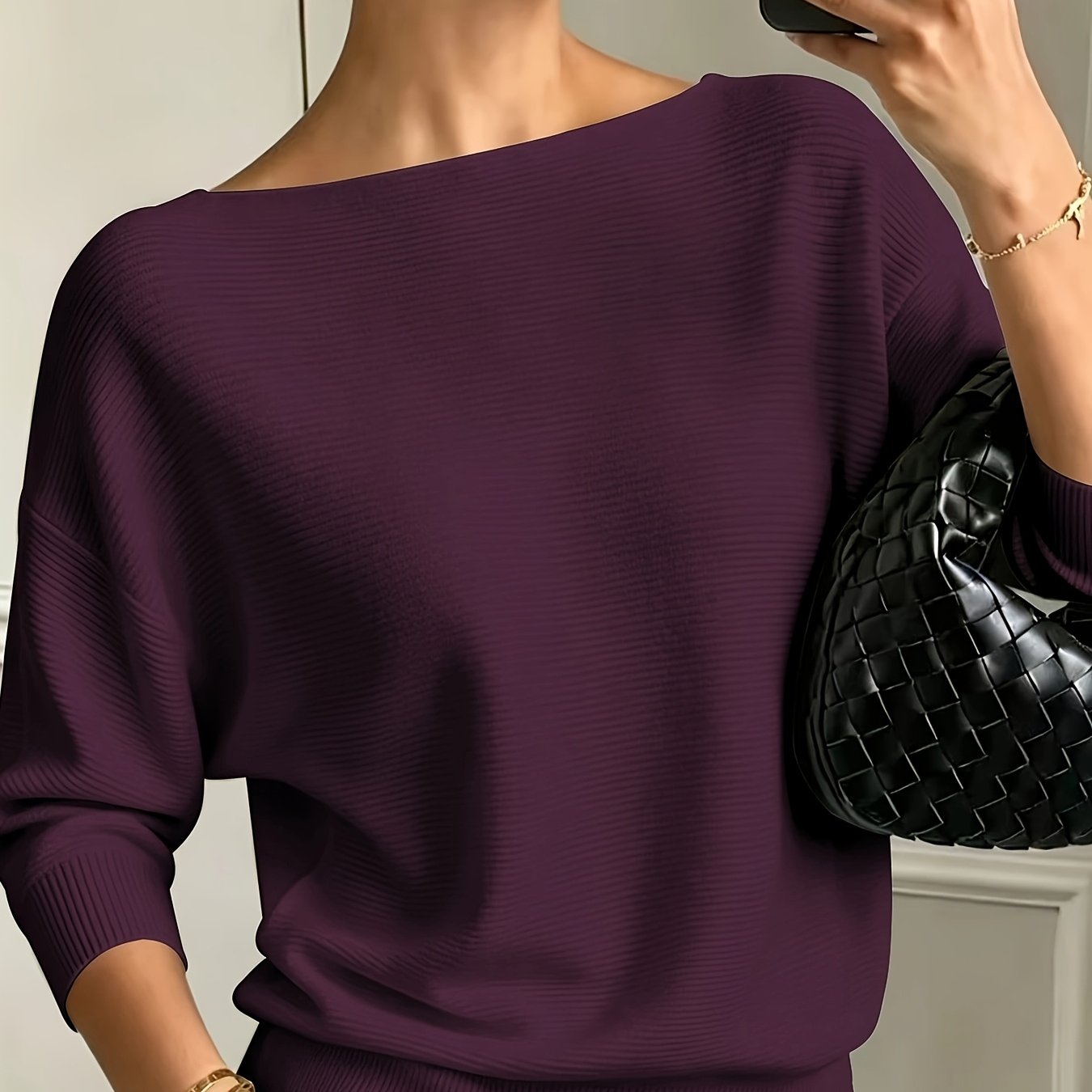 TEMU Plus Size Women' Color Loose Round Neck Top, Long Sleeve Off-shoulder Pullover, Casual Top For Daily Wear, Suitable For Autumn And Winter