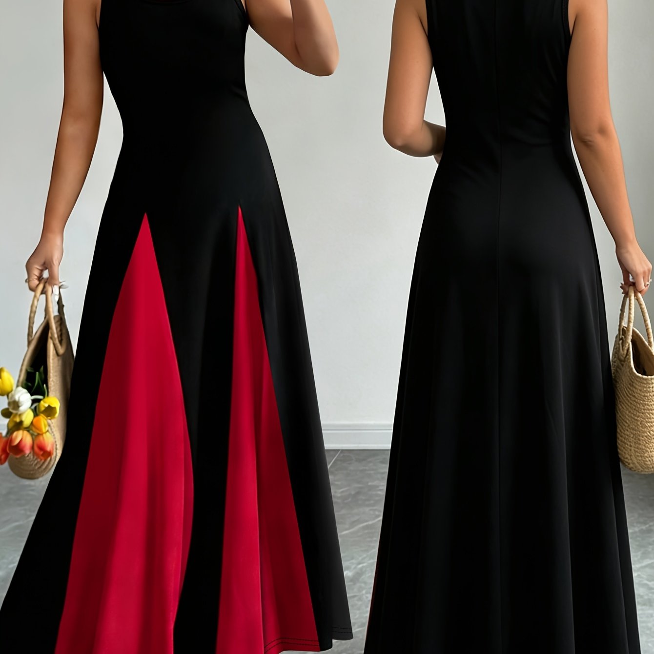 TEMU 2026 Summer New Women's Fashion Solid Color Sleeveless Round Neck Vest Dress With Contrast , Long Flowy Maxi Dress, Slim Fit, Elegant And , For