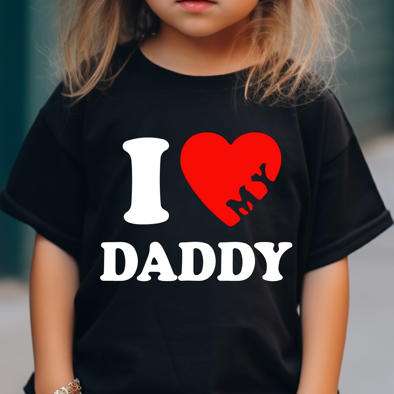 TEMU Cotton Short Sleeved Girl I Love My Daddy Letter Print Soft Versatile Round Neck T-shirt