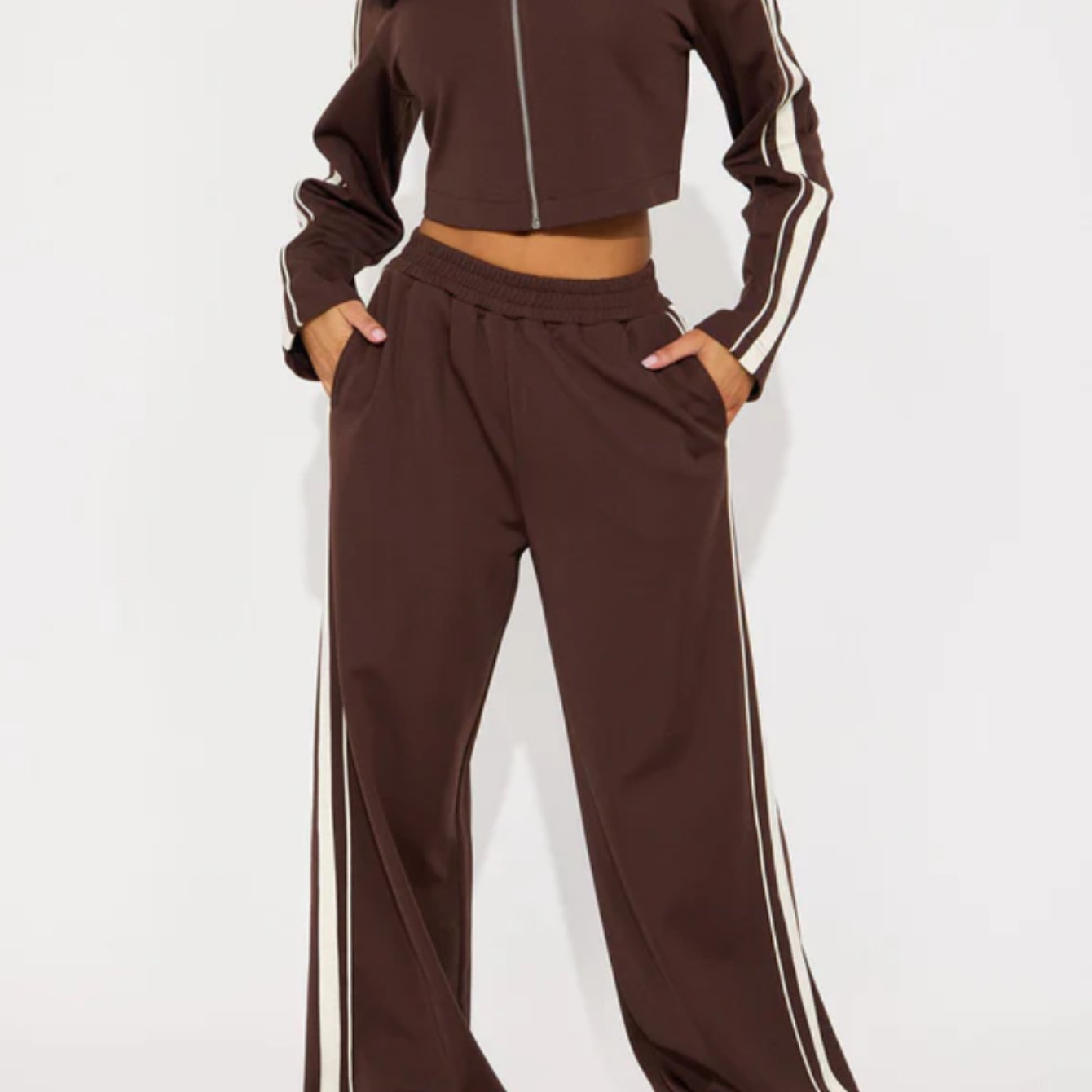 Image of 2pcs Set: Women's Collared Cropped Zipper Jacket + Side-striped Wide-leg Pants | Retro Y | Perfect For Daily&street&light Looks