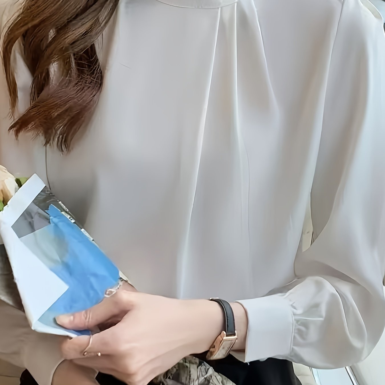 TEMU 【レディース】上品なサテンに似た滑らかな感覚のパールプリーツ長袖シャツ。春と秋に最適。トでファッショナブルなな通勤に。