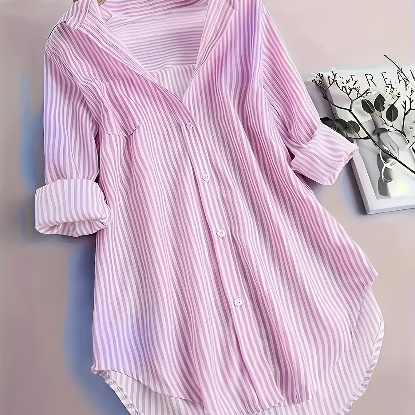 TEMU Women's Elegant Striped Shirt Fashion Blouse Long Sleeve Lapel Top