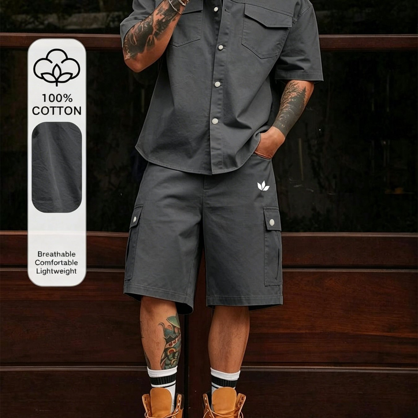 100% New Summer Fashion Solid Color Classic Men's Workwear Multi-pocket Shirt And Shorts Set, Casual Jogging 2pcs Set