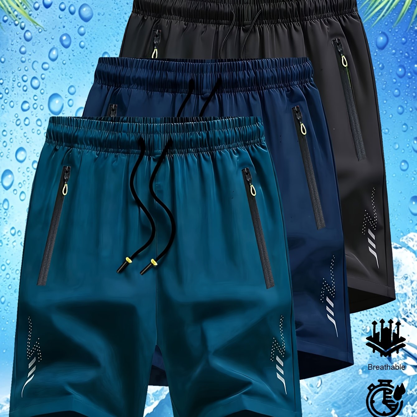 TEMU 3pcs Men's Sports Shorts, Lightweight And Breathable With Zippered Pockets, Running And Fitness Training Shorts Bermuda