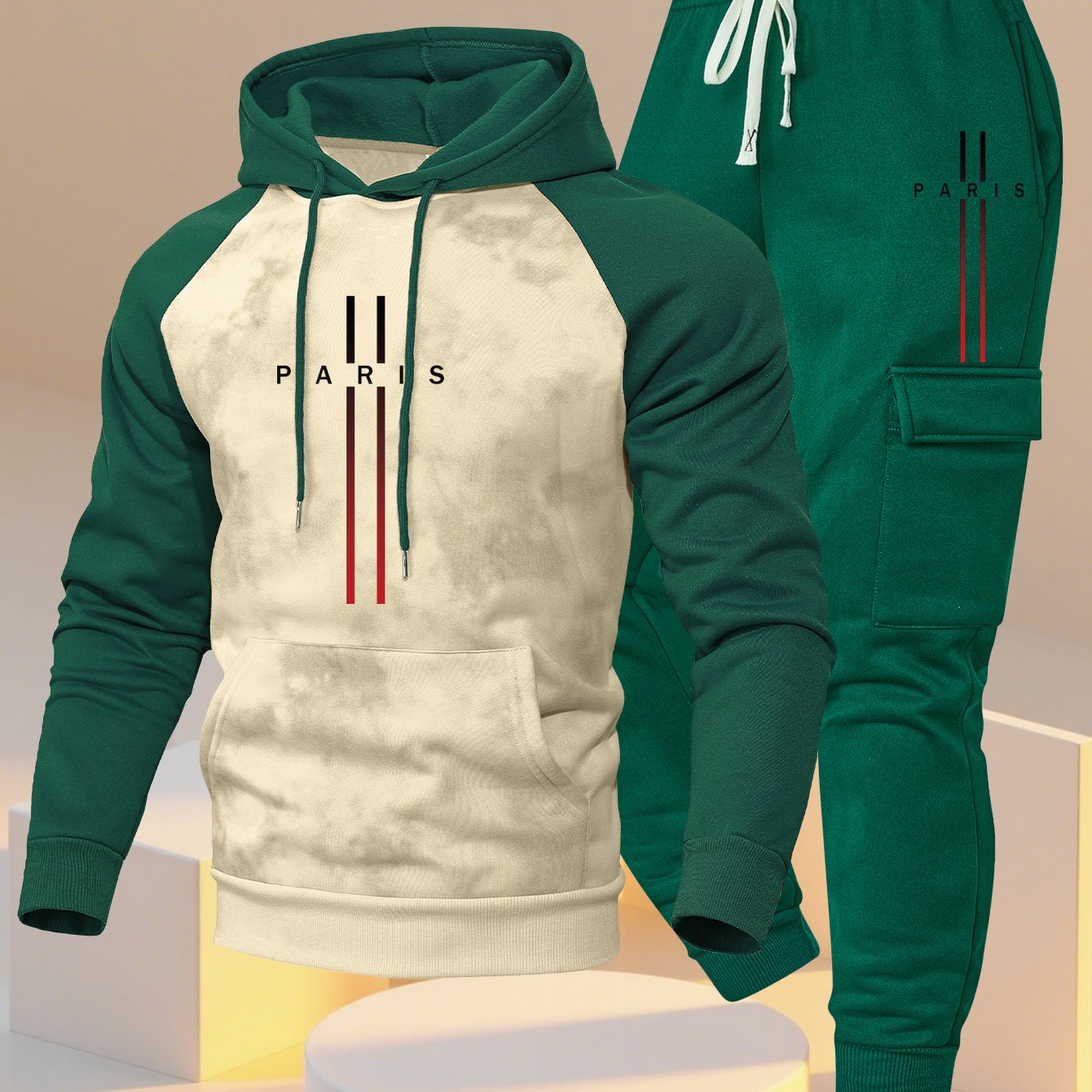 TEMU Fashion Raglan Sleeve Color-block Hoodie And Loose Drawstring Cargo Pants With Multiple Pockets, 2pcs Printed Set Of Casual, Daily Comfortable,