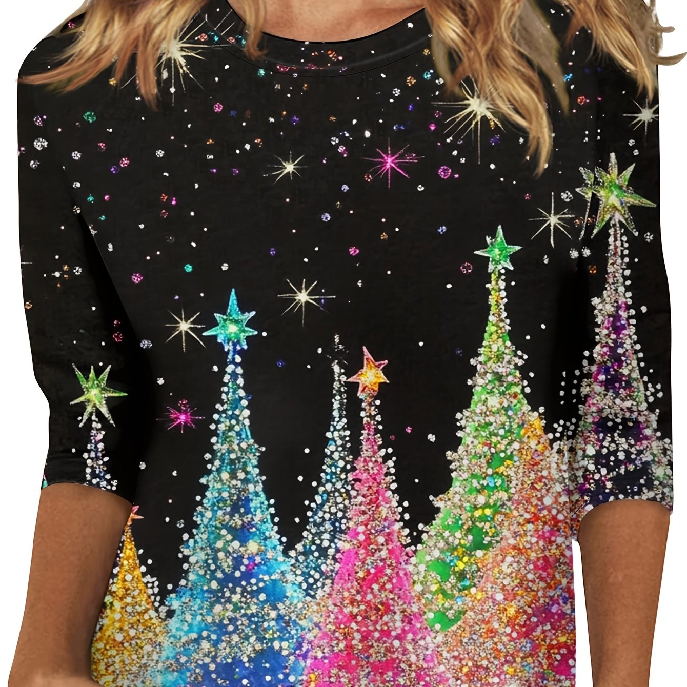 TEMU Christmas Women's Fashion 3/4 Sleeve Loose Basic Shirt Round Neck -eighth Sleeve Casual T-shirt