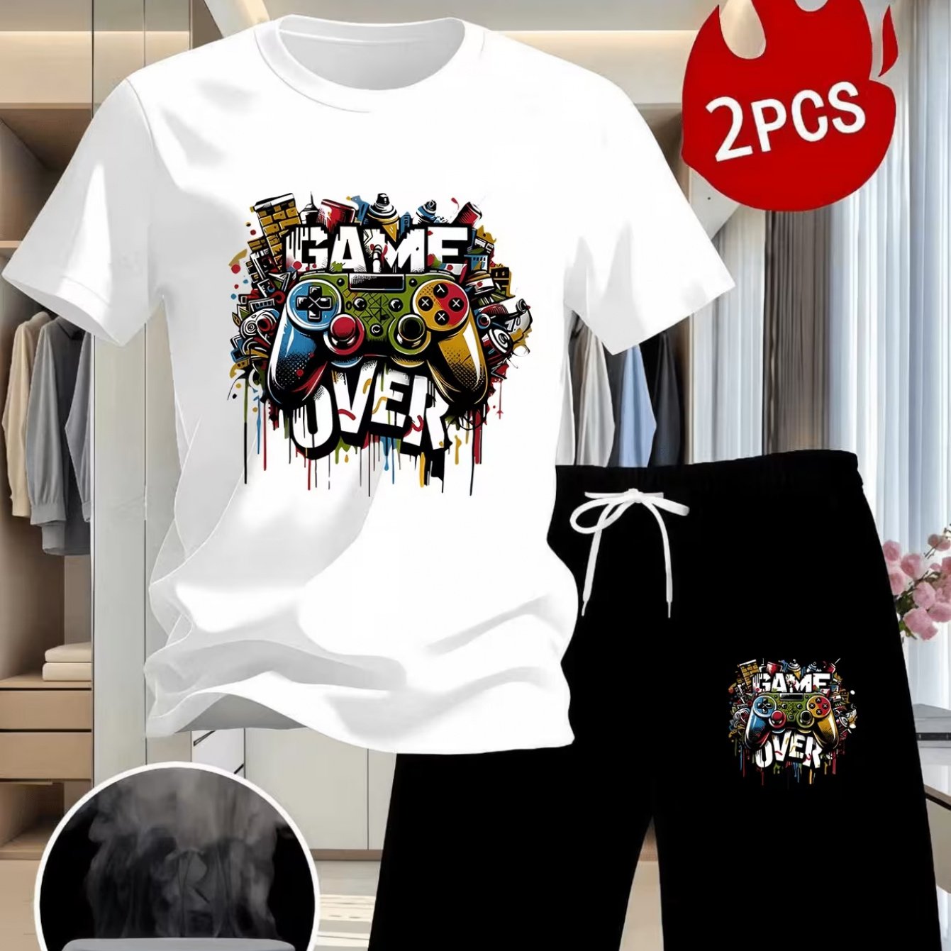 TEMU 2pcs Gaming Outfit 2pcs Suit - Game T-shirt & Shorts With Controller, Quick-dry Short Sleeve Tee And Drawstring Shorts, Casual Summer Wear For ,