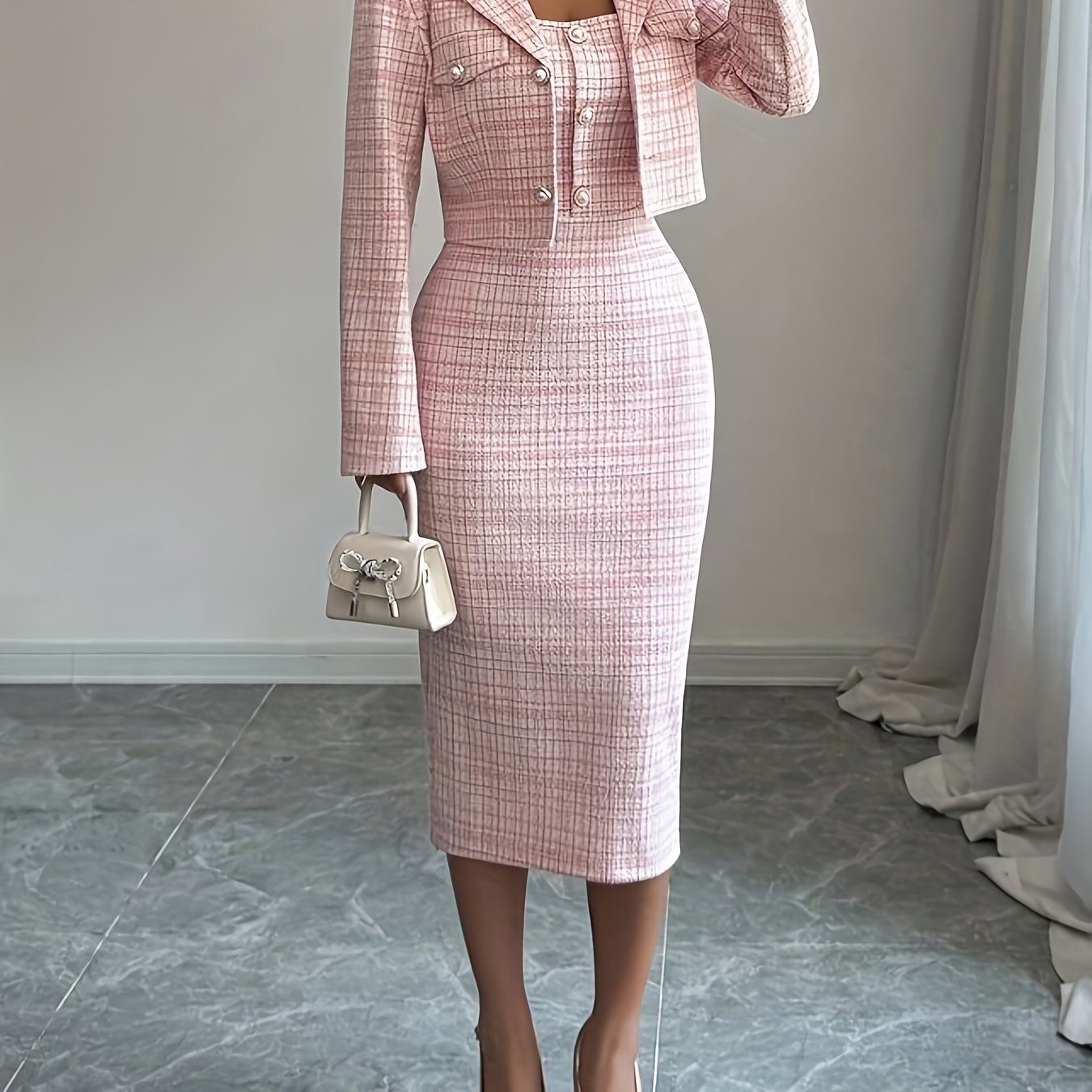 TEMU 2pcs Elegant Tweed Cropped Blazer + Sleeveless Slim-fit Bodycon Dress, Classic Set, Spring/autumn Style