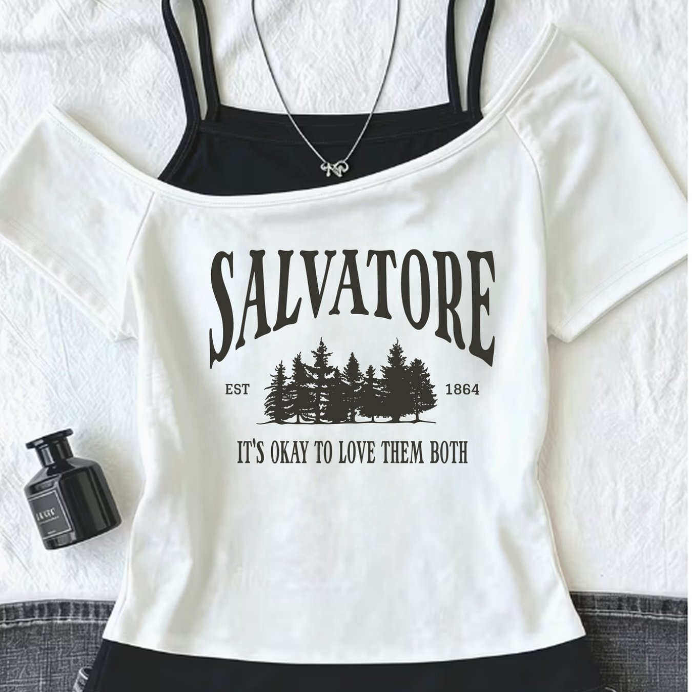 TEMU Fake Twopiece Offshoulder Tshirt, Vintage Forest Print, 1864 Printed Top, Y2k Springsummer Women's Fashion Fake Twopiece Offshoulder Tshirt,