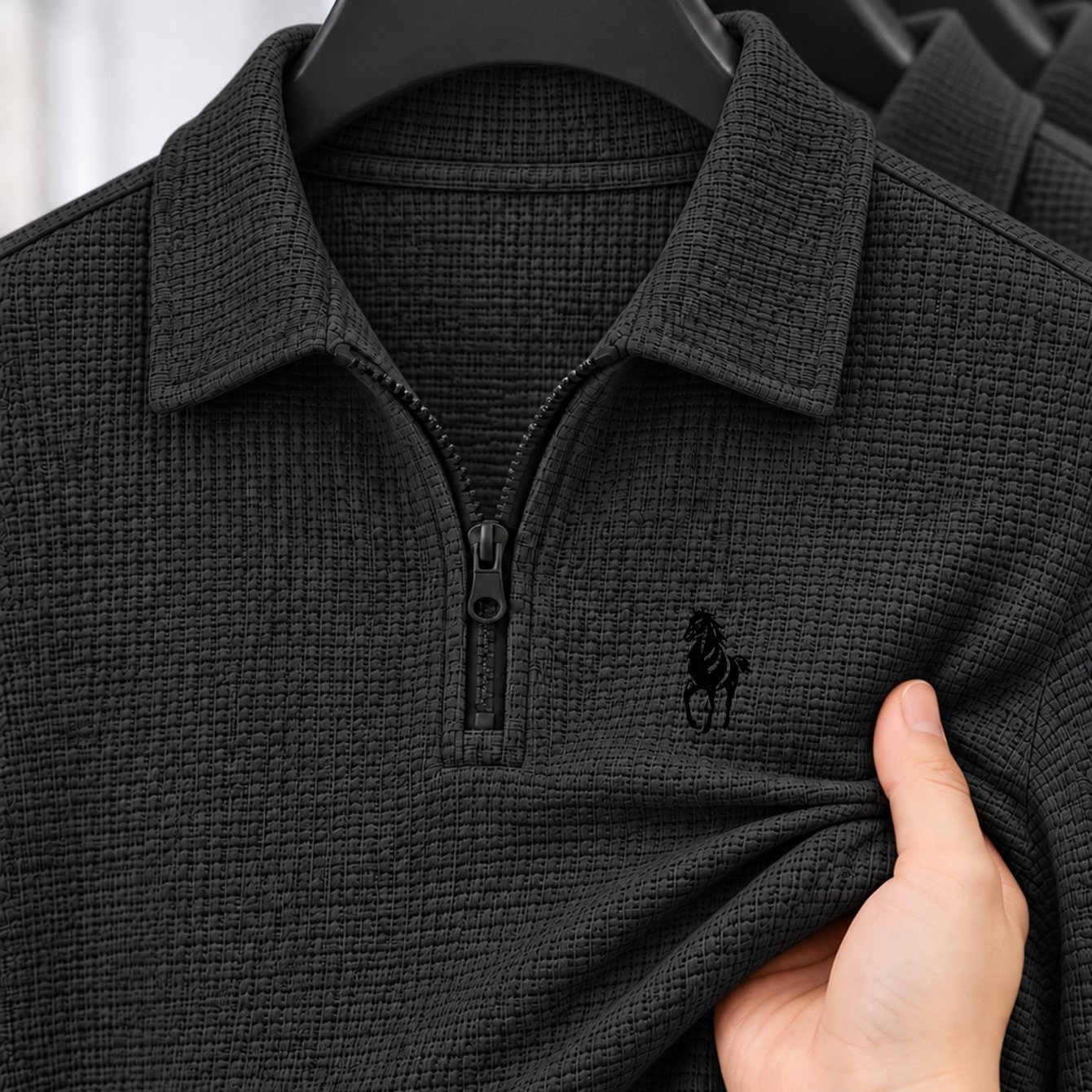 TEMU Pull Homme Manches Longues Type , Col Révers, Décontracté, Couleur Unie, Printemps Automne, Chaud, Respirant, Petit Logo, Coupe Slim, Fermeture