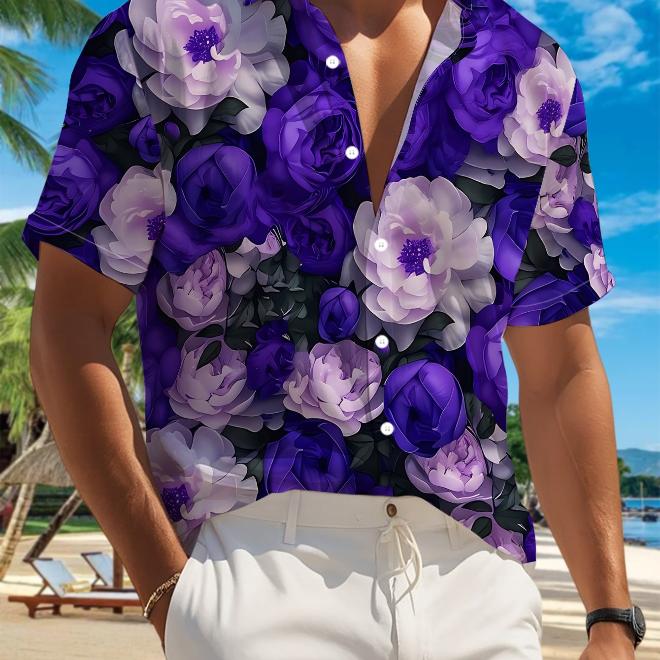 TEMU 's Casual Short-sleeve Shirt With Deep Purple And Light Pink Floral Print, Rich And Vibrant, Versatile For Holiday Parties And Commuting,