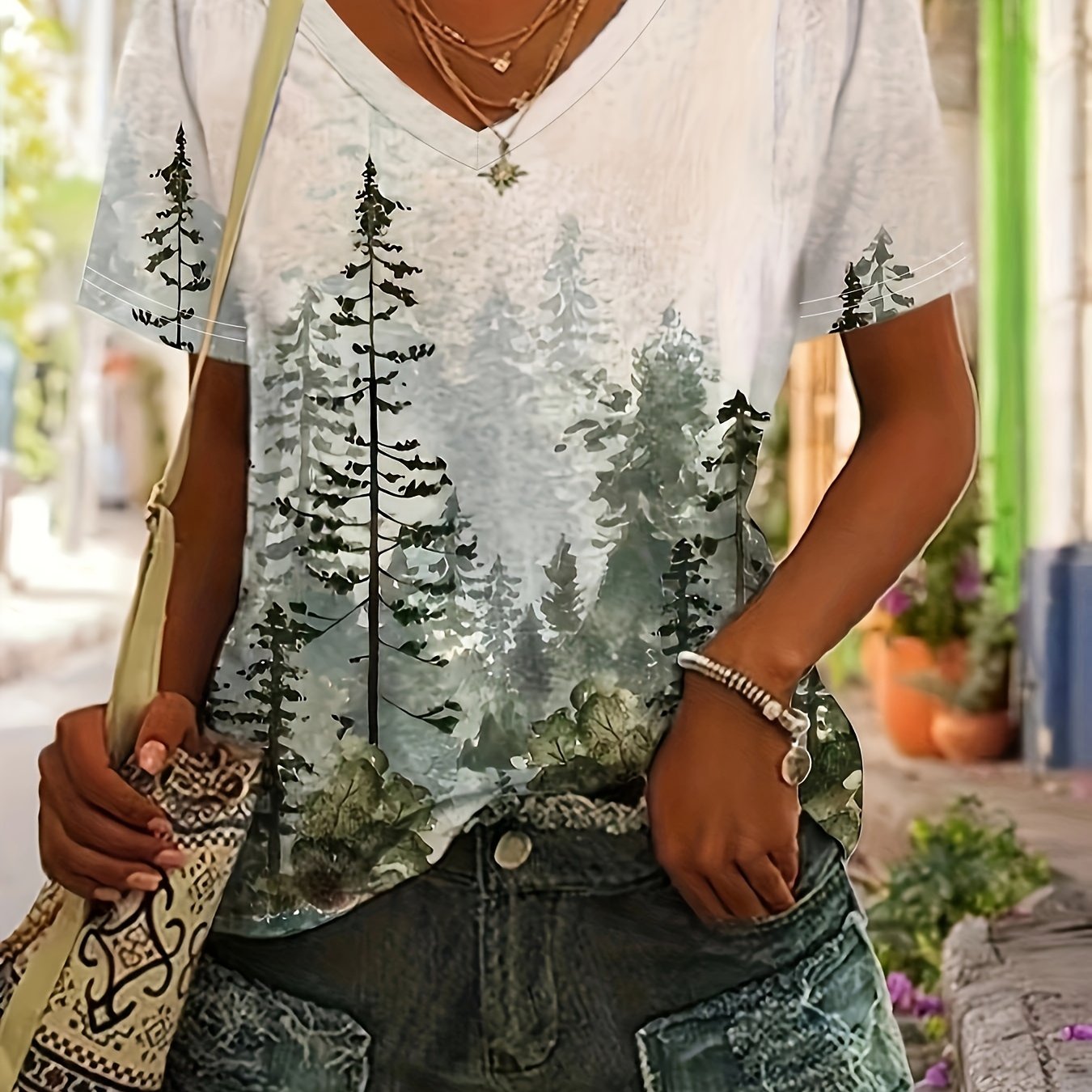 TEMU Women's Fashion Spring Summer New Women's Clothing, , Forest Print V-neck Short Sleeve Casual Loose Top Base Short Sleeve T-shirt Machine