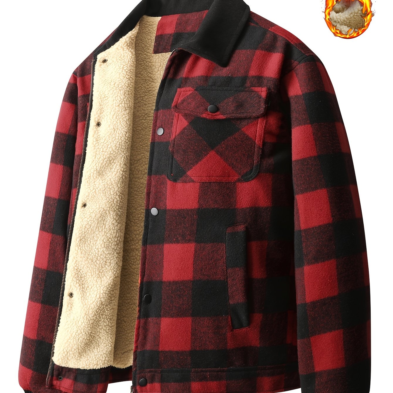 TEMU Spring And Autumn Wear Collar Jacket Checkered Shirt Jacket Zipper Collar Jacket Youth Plush Jacket Men's Warm Trendy Brand Men's Casual Men's