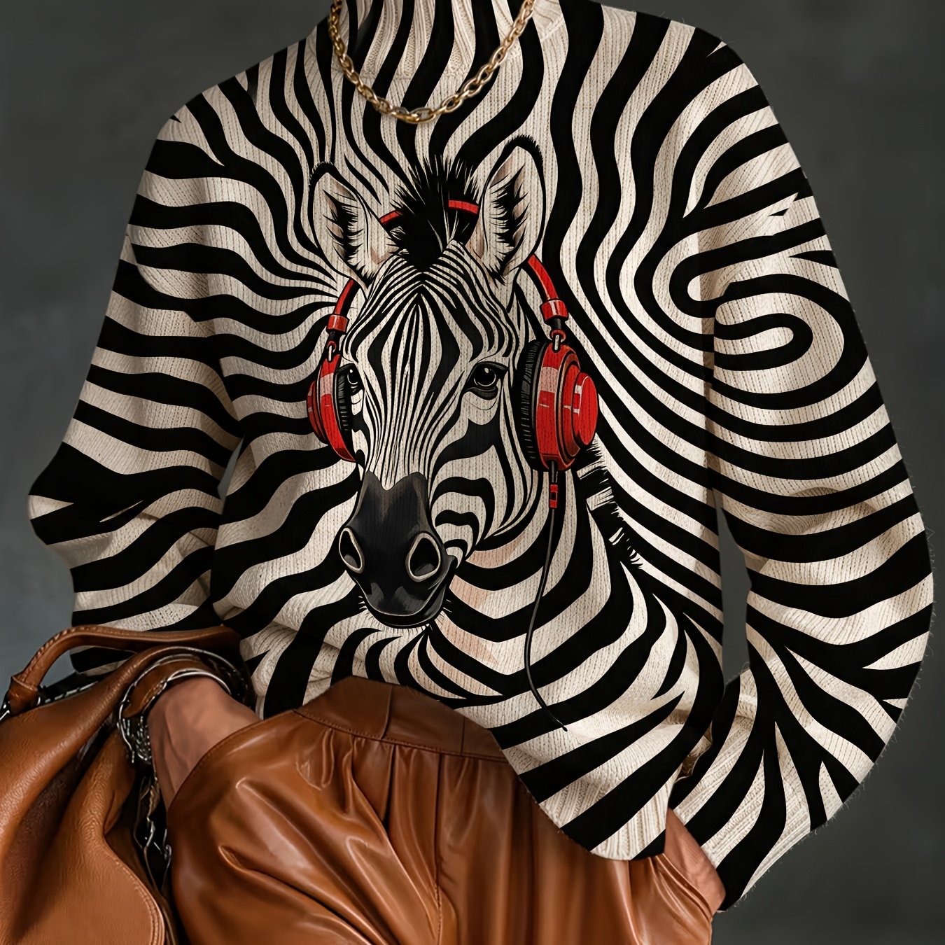 TEMU [2d Digital Printing] Street Style Black And White Zebra Pattern Individual Printed Sweater, Autumn/winter Mid-high Neck Long Sleeve Sweater