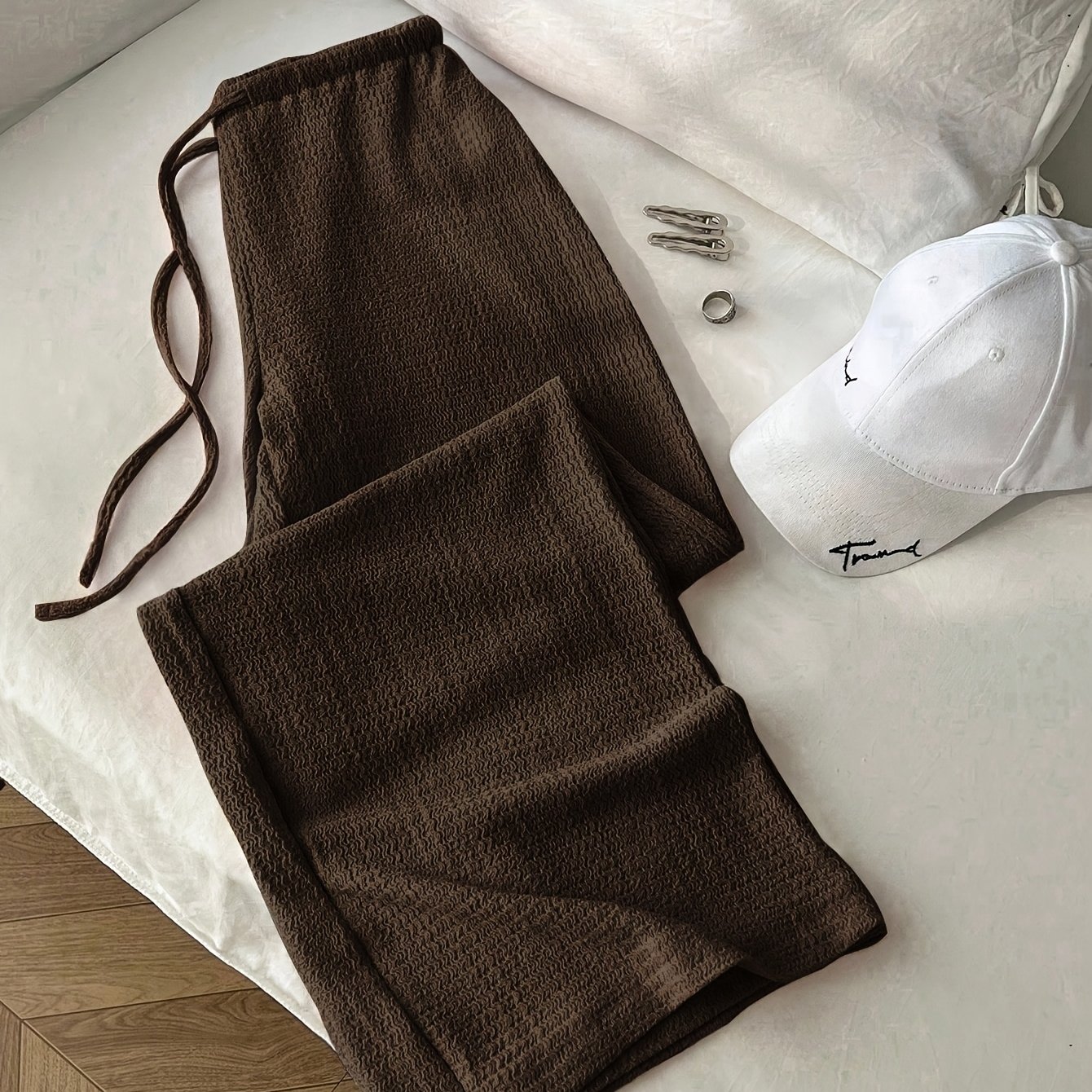 TEMU Women's Vintage Textured Loose-fit Low-rise Casual Pants, Slim-fit Solid Color Straight-leg Trousers, Versatile For Spring