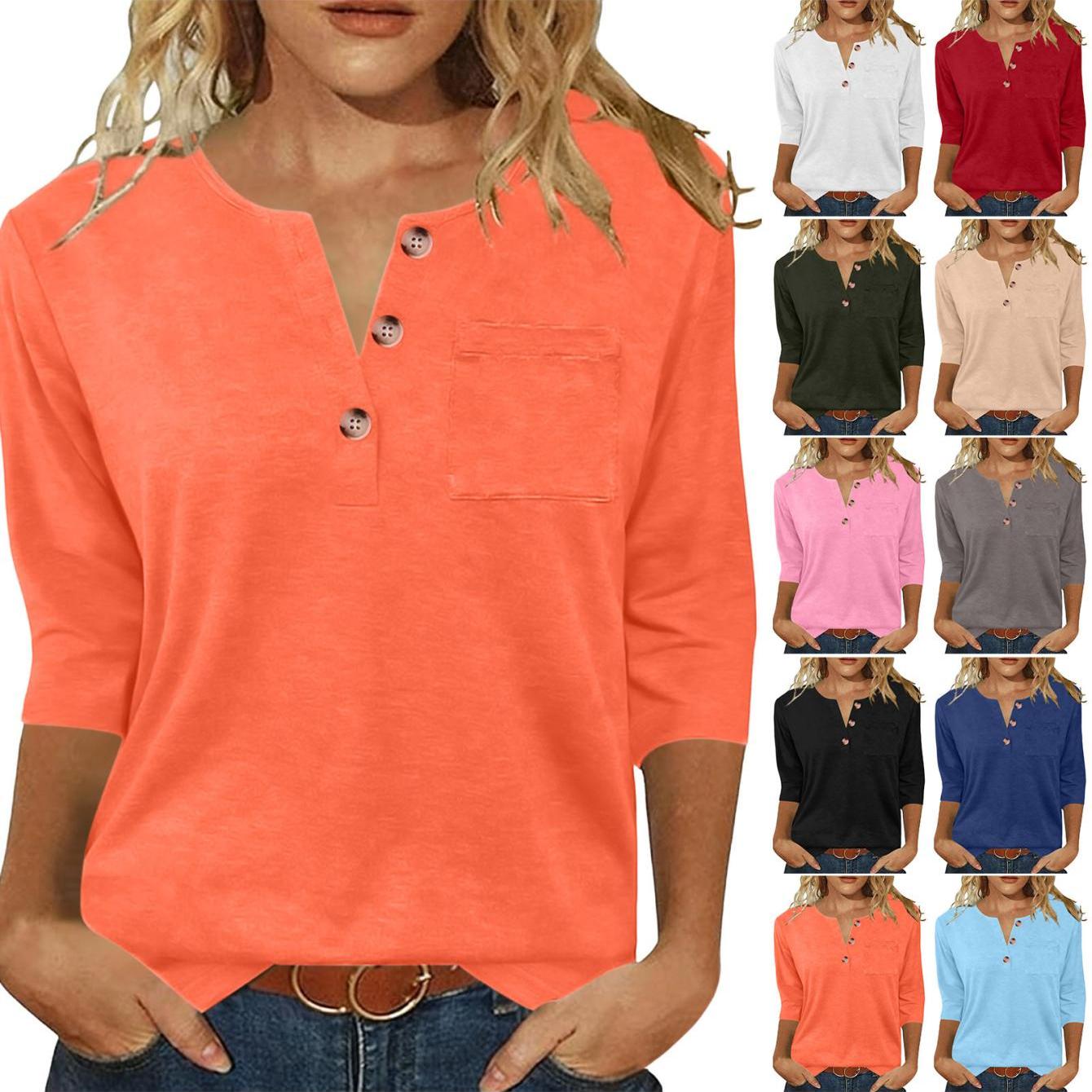 TEMU Soft Comfortable Women's Casual Fashionable Loose T-shirt, Solid Color Button V-neck Three-quarter Sleeves Minimalist Blouse Tops Suitable For