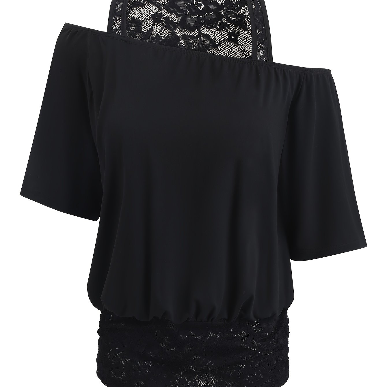 E-shop Plus Size - Plus Size - Zwei-in-Eins Plus Size Damen Einfarbige Schräge Kragen Kreuz Trägerloses Oberteil und Durchsichtige Spitze Lässiges
