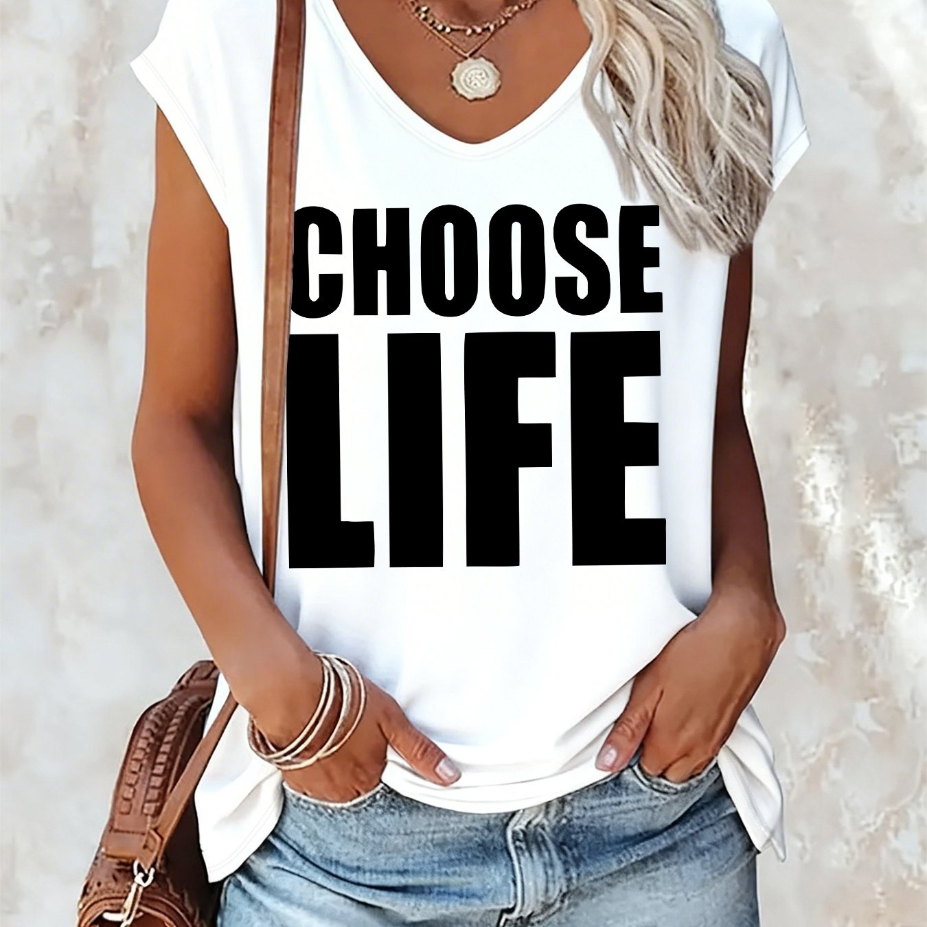 TEMU (067#) V-neck Summer Sleeveless Tank Top, "choose Life" Letter Print Sleeveless T-shirt, Casual, Comfortable, Breathable, And Versatile Top