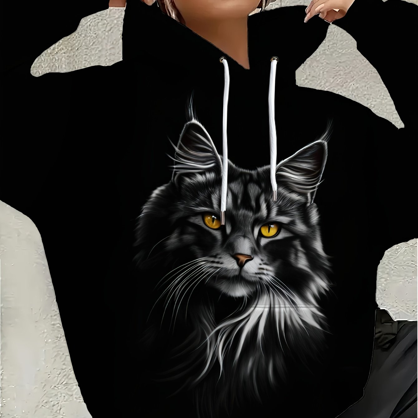 TEMU Plus Size, Ladies' Cute Plush Black Cat Printed Hoodie - Featuring A Fluffy , The Loose And Is Suitable For Daily Wear. The Fashionable Hooded