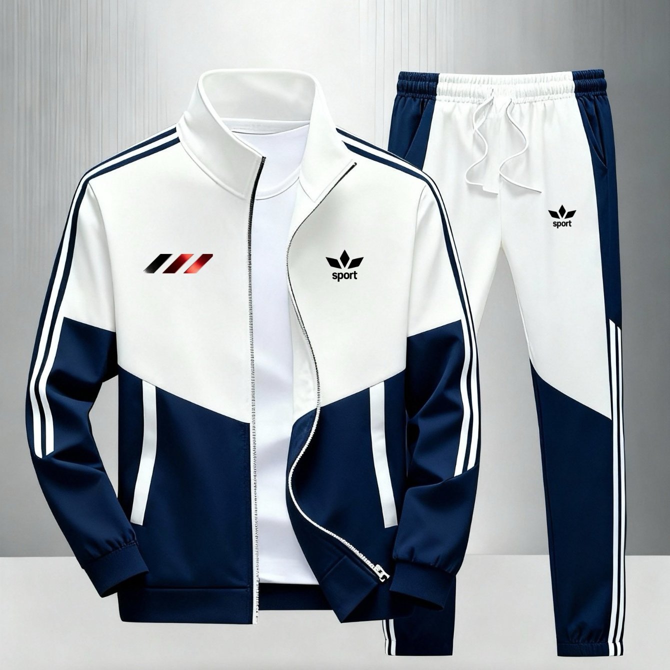 New Arrival Men' Size Tracksuit Stand Collar Zipper And Pants White And Orange Color Block With Daily Casual Wear