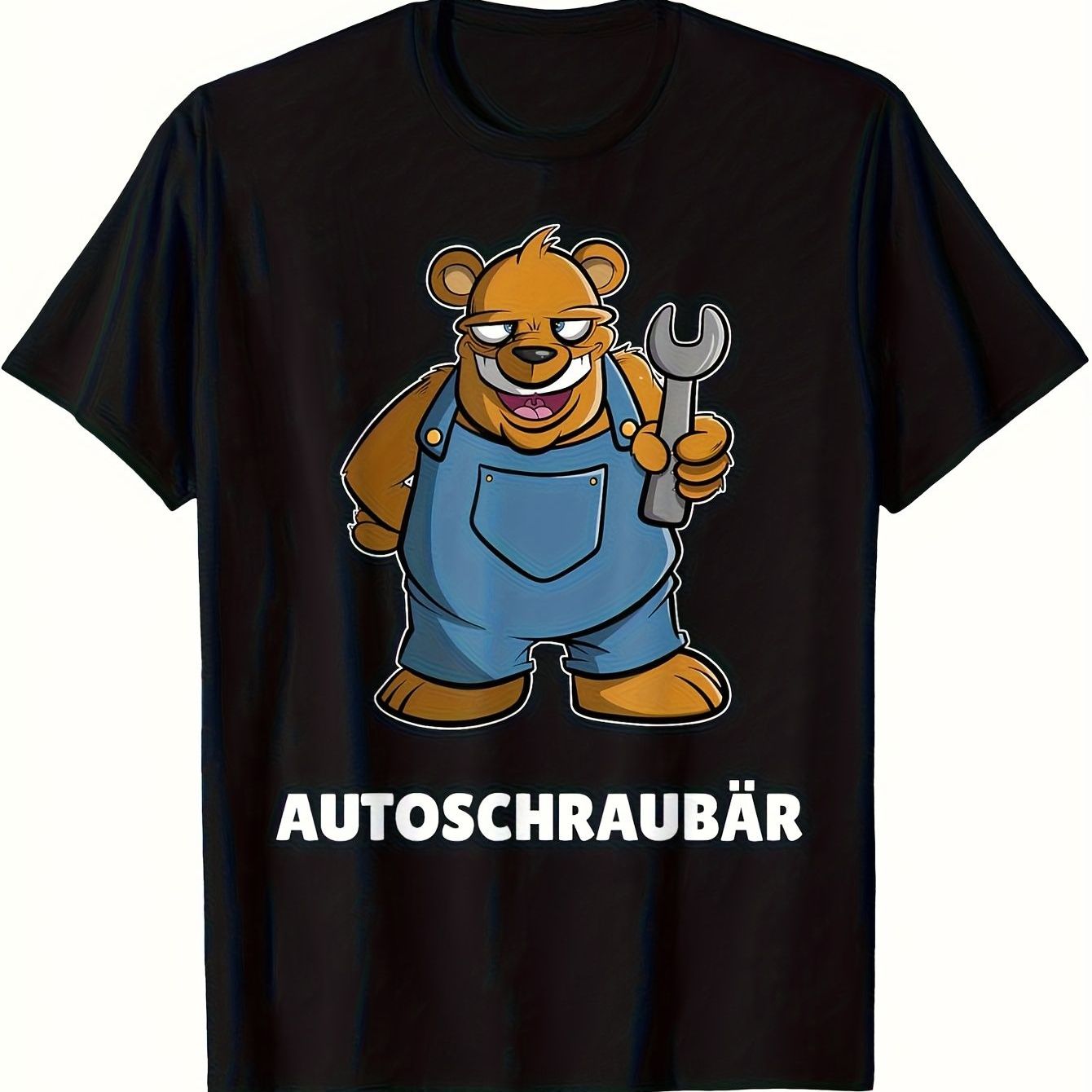Men's Funny German Carjacker Wrench Bear Mechanic T-shirt - Loose Fit Black Tee With German Text & Graphic - Casual Workshop Wear For Garage, Car Enthusiasts, Mechanic Gift