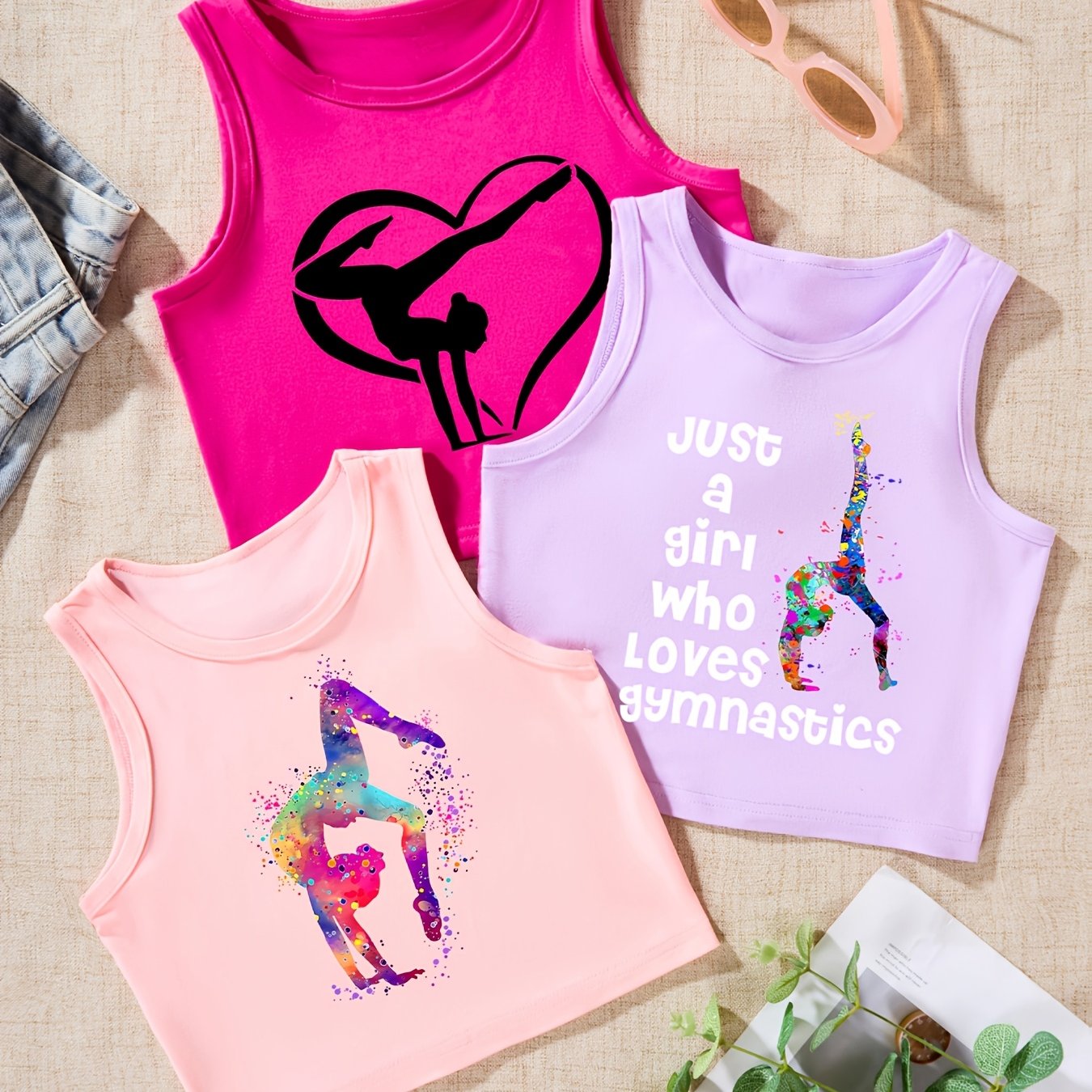 Image of P7446(g16) 3pcs Set " Who Gymnastics" Neck Tank Top Set For Girls And Big Girls
