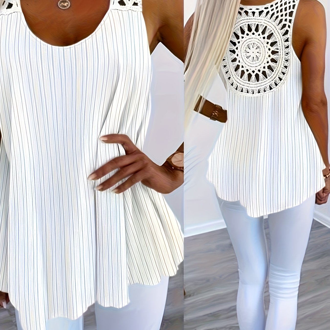 Women's Fashion Elegant Lace Round Neck Striped Tank Top