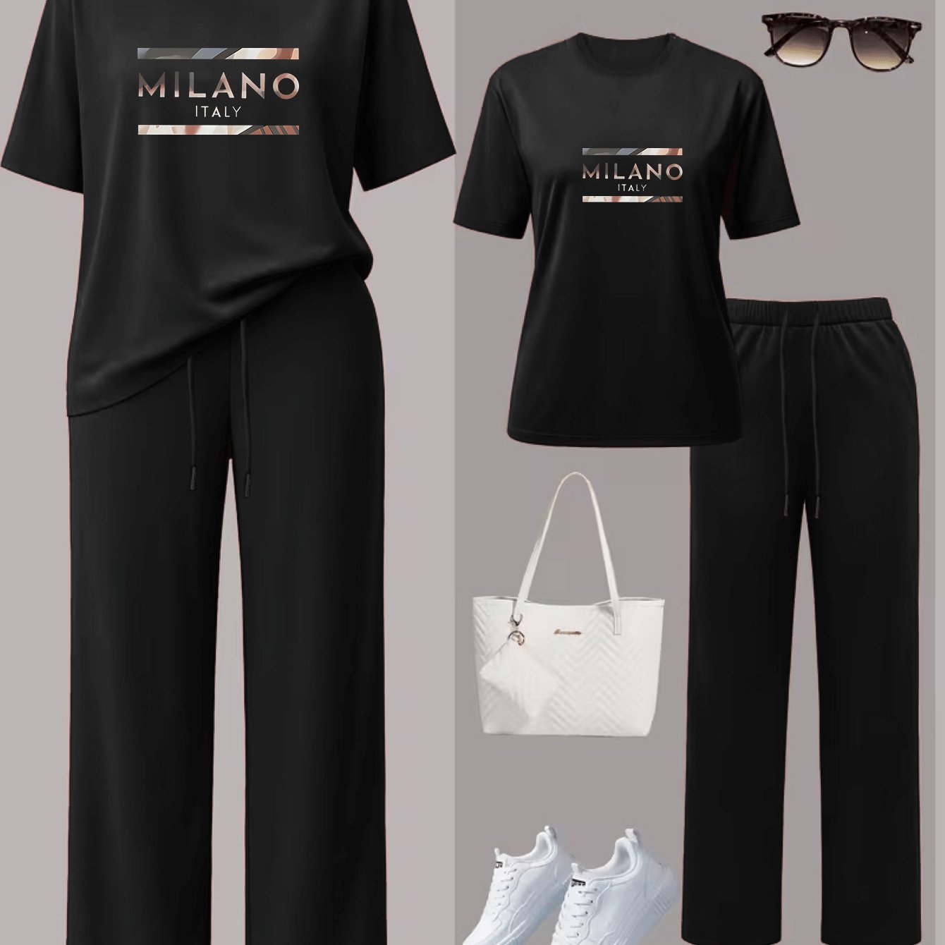 TEMU Casual Leisure And Women's Pants Set, Letter And Striped Print Women's Fashion Short Sleeve Round Neck T-shirt And Solid Color Wide Leg Loose