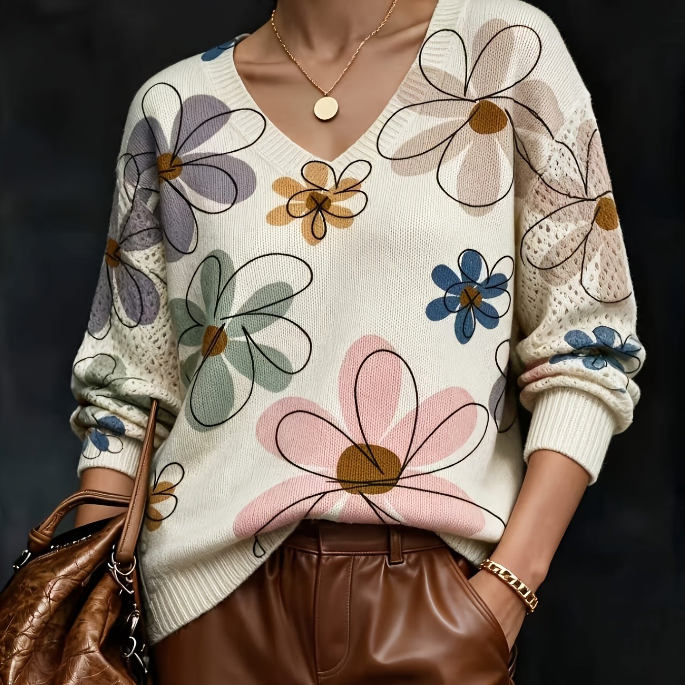 TEMU Grande Taille - Motif Plat 2D Automne Hiver Mode Nouvelle Tendance Polyvalent Pull Col en V Manches Longues Haut Femme Motif Floral Impression