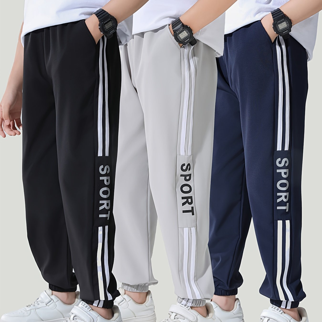 3-pack Boys' Casual Elastic Waist Comfortable Active Sweatpants, Breathable Jogger Pants With Pockets, Kids' Outdoor Clothing, Perfect For Outdoor