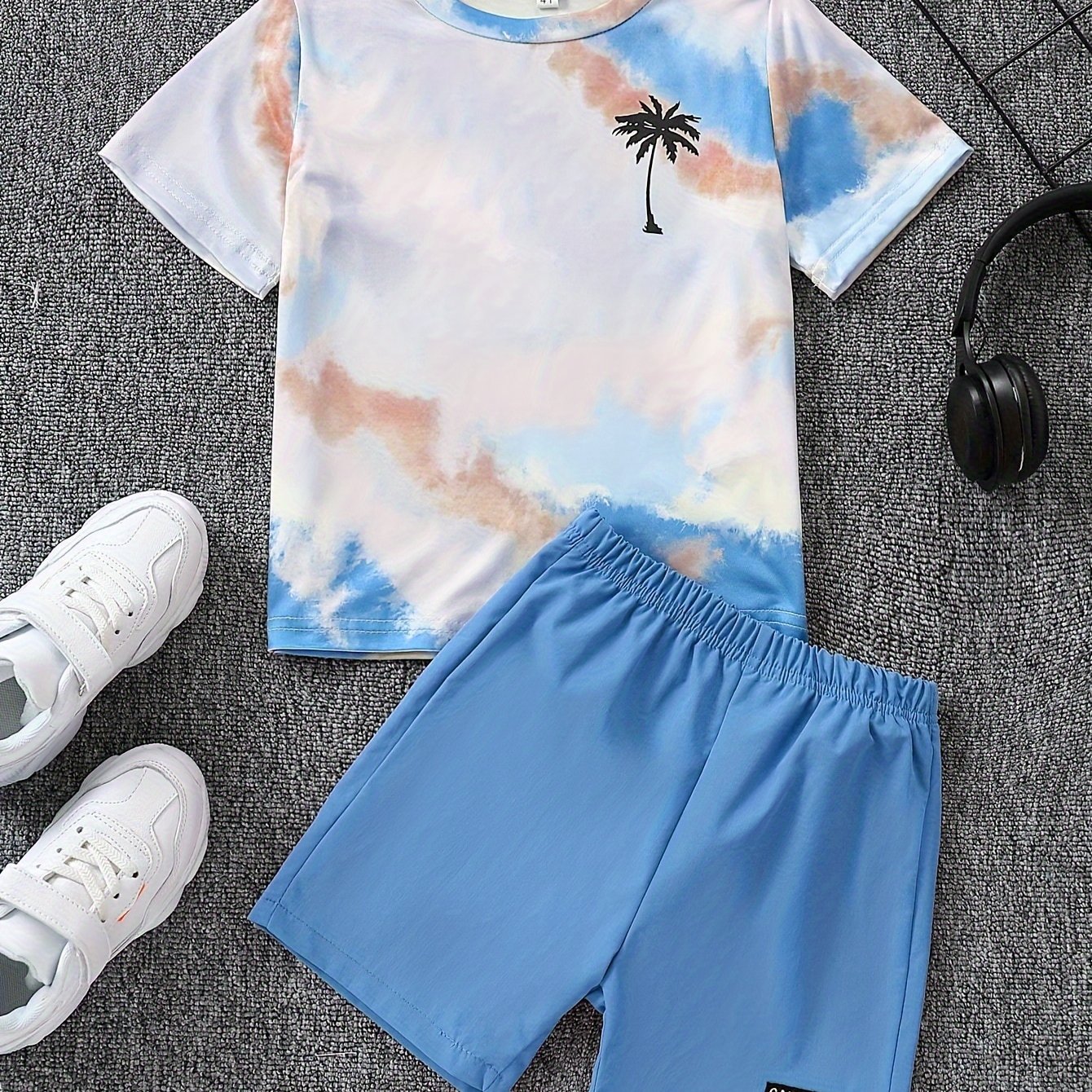 TEMU 2pcs Boys' Coconut Tree Print Tie-dye Loose Fit Round Neck Short Sleeve T-shirt And Label Shorts Set, Suitable For Vacation, Beach, Casual Wear, Party, Outdoor