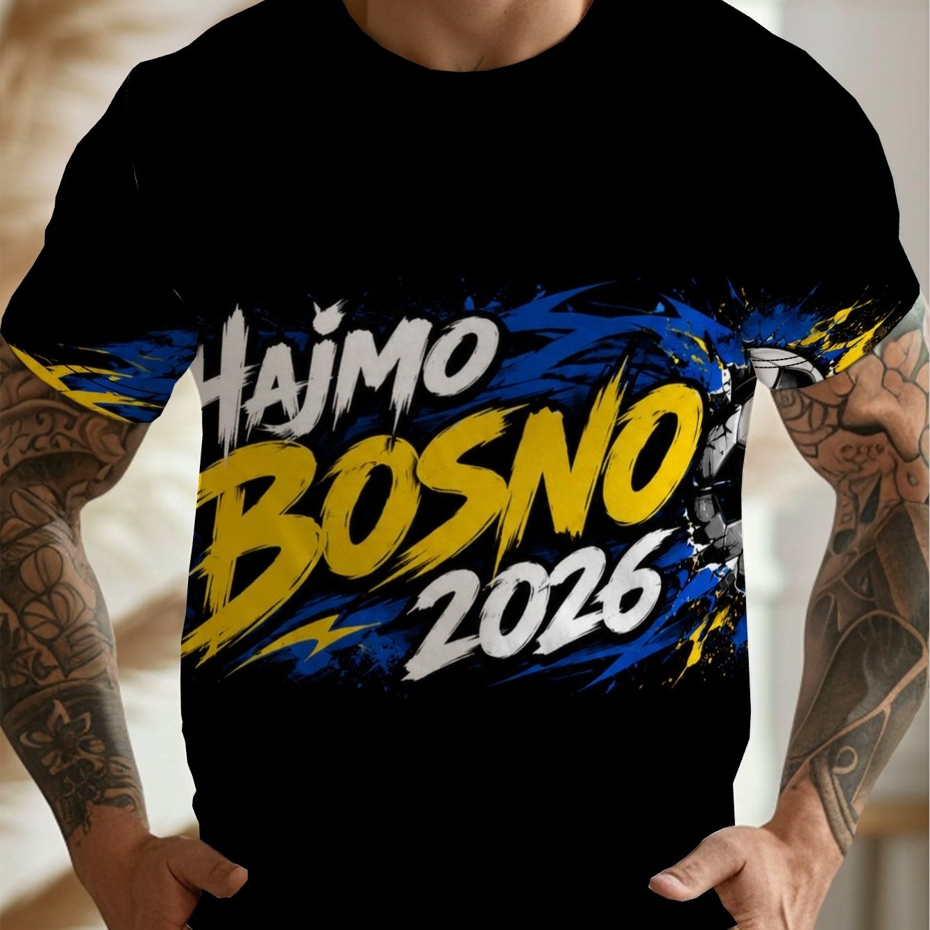 TEMU Bosnia Football Style Men's Casual Graphic Print Short Sleeve T-shirt, Round Neck, Comfortable & Breathable, Fashionable For Summer Beach,