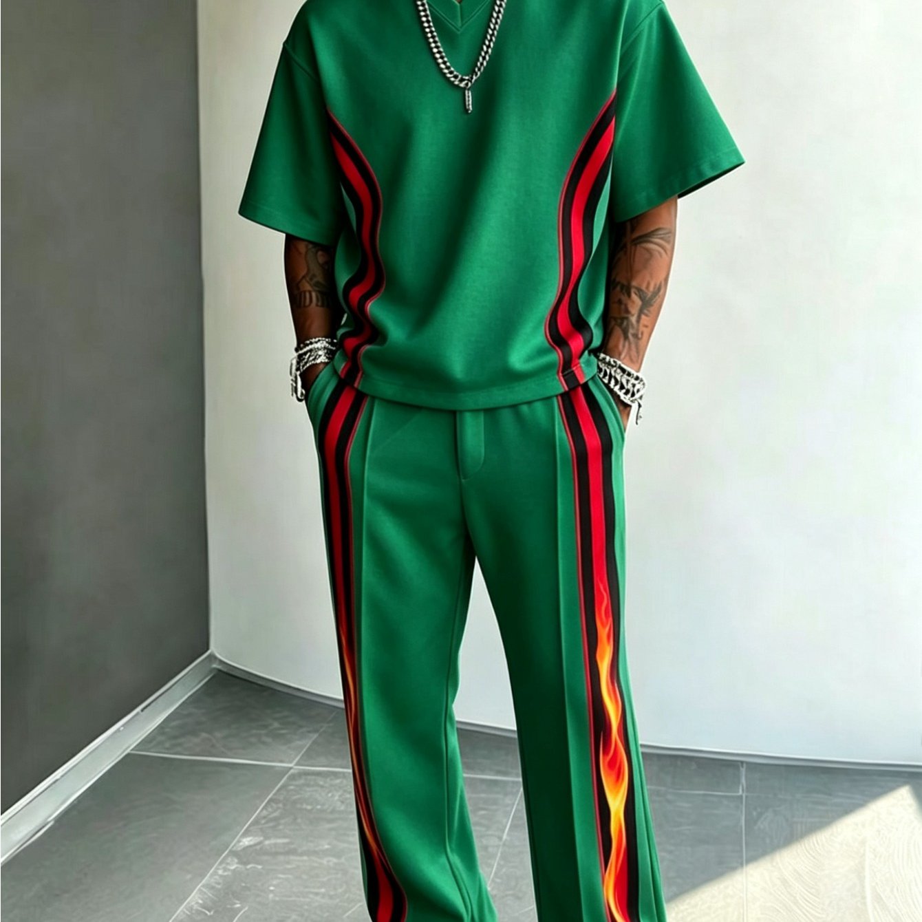 Image of 2026 Summer -style Flame Stripe Set For Men, Loose V-neck Short Sleeve And Wide-leg Pants 2pcs Trendy Set