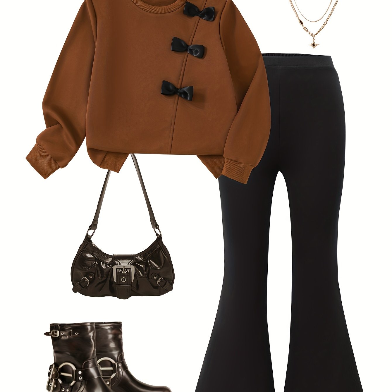 Autumn Clothes Long-sleeved Girl Bow Fashionable And Stylish Top + High-waisted Flared Pants Two-piece Set, For Outdoor