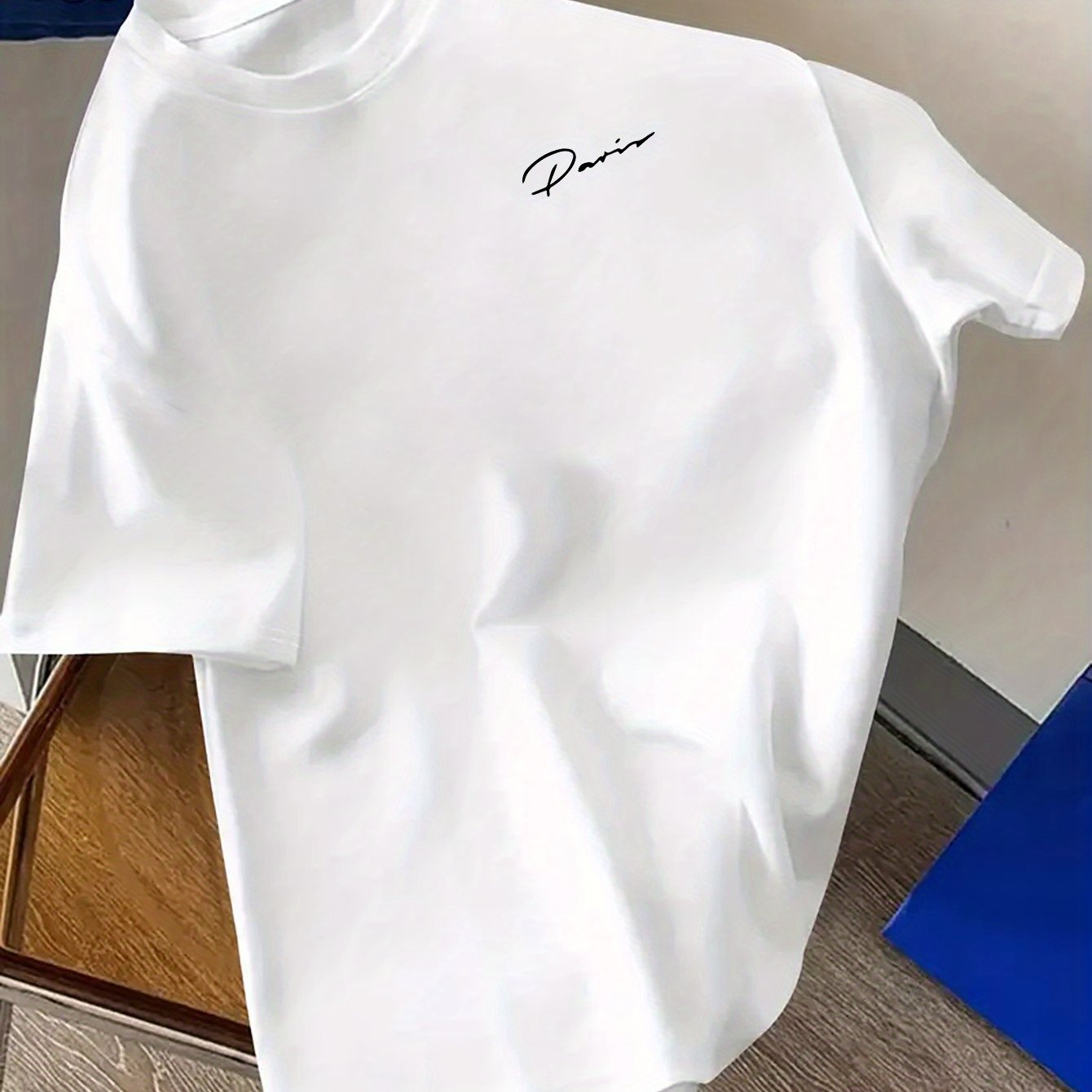 TEMU Cursive Letter Print, Men's Crew Neck Short Sleeve T-shirt, Casual Tops For Men, Men's Comfy Clothing For , Men' & Gift