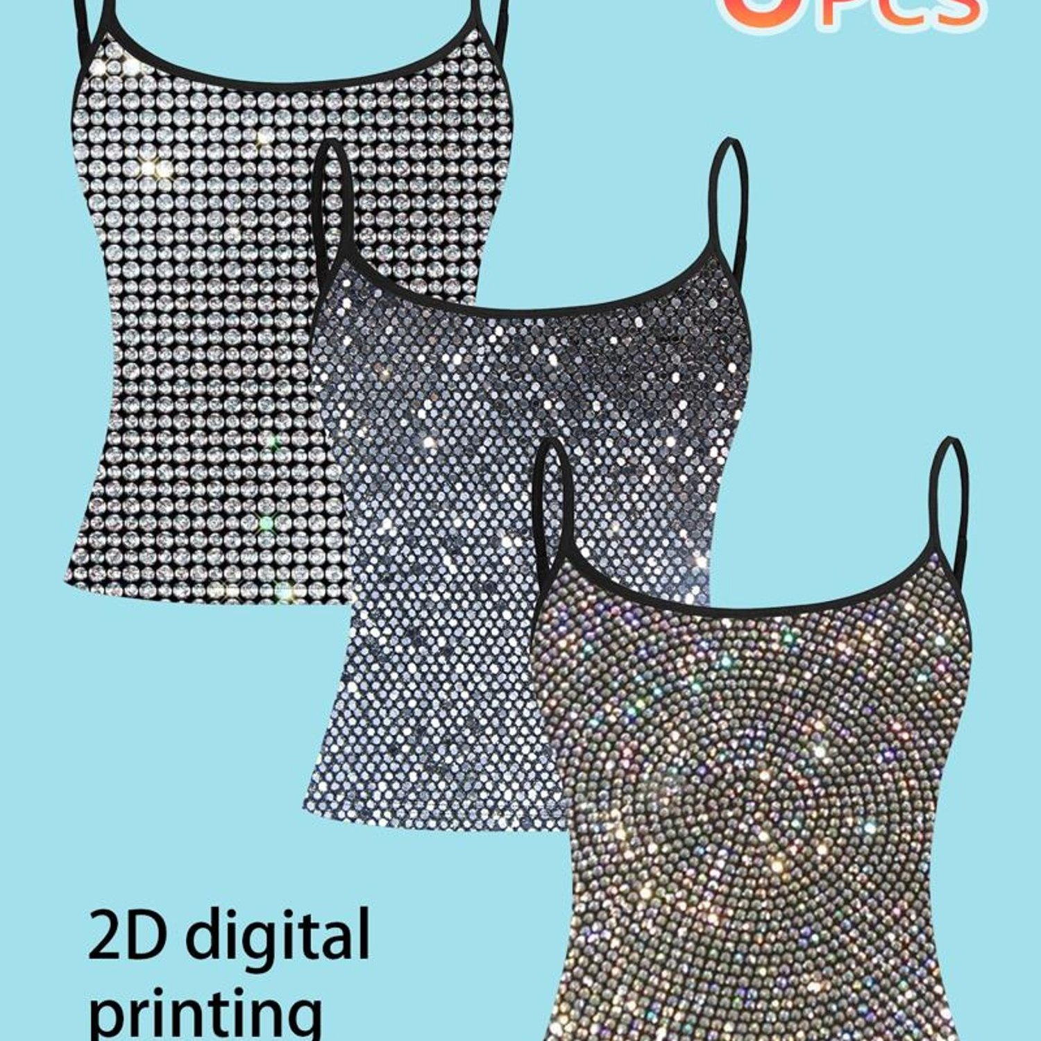 TEMU 3pcs Women's Camisole Vest, Shiny Rhinestone Pattern, 2d Digital Printing, Polyester Material, Mixed Color, Multiple Sizes , Form - Fitting