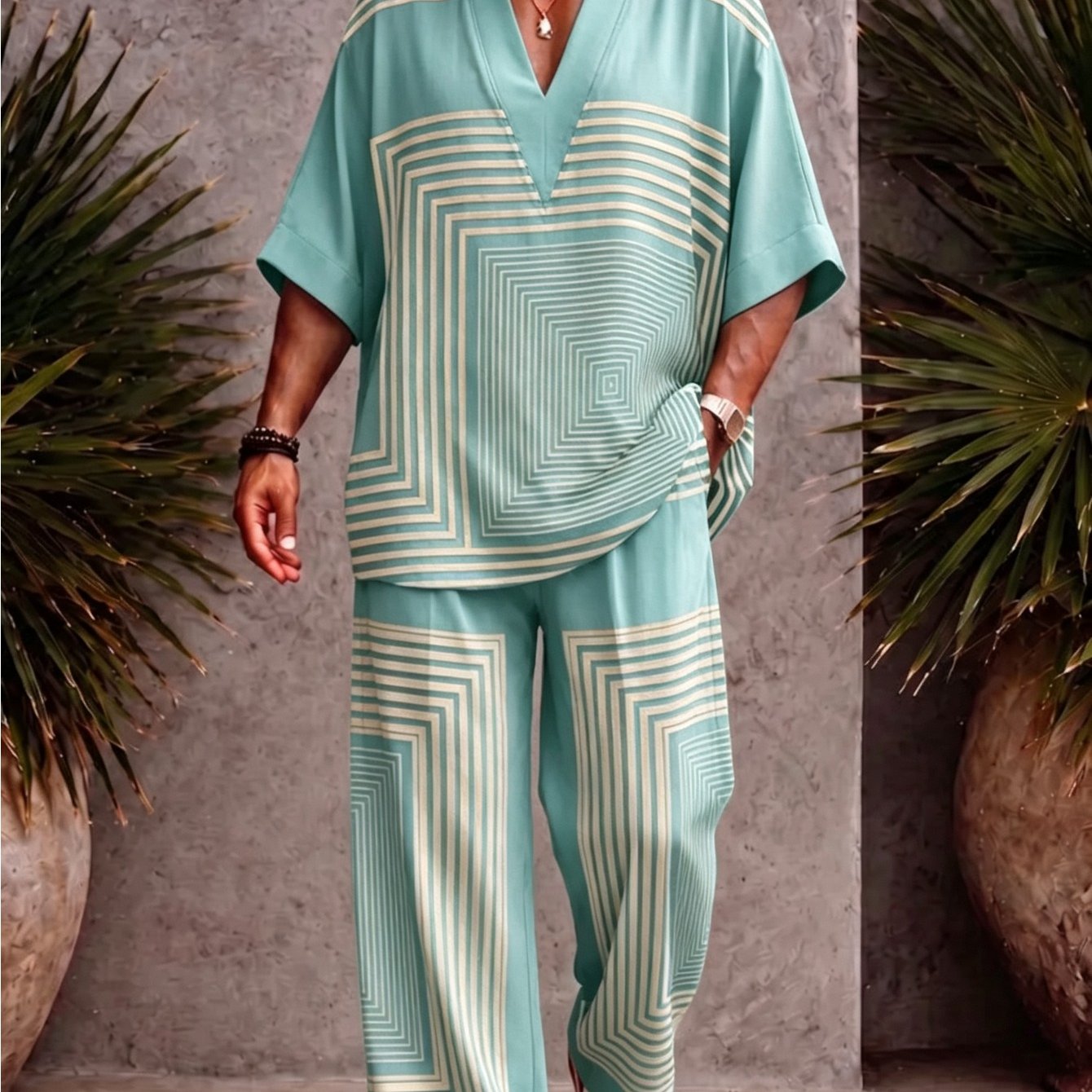 Image of Men's 2pcs Casual Set: Geometric Square Stripe Print V-neck Short Sleeve Loose Shirt & Wide-leg Pants Vacation Set