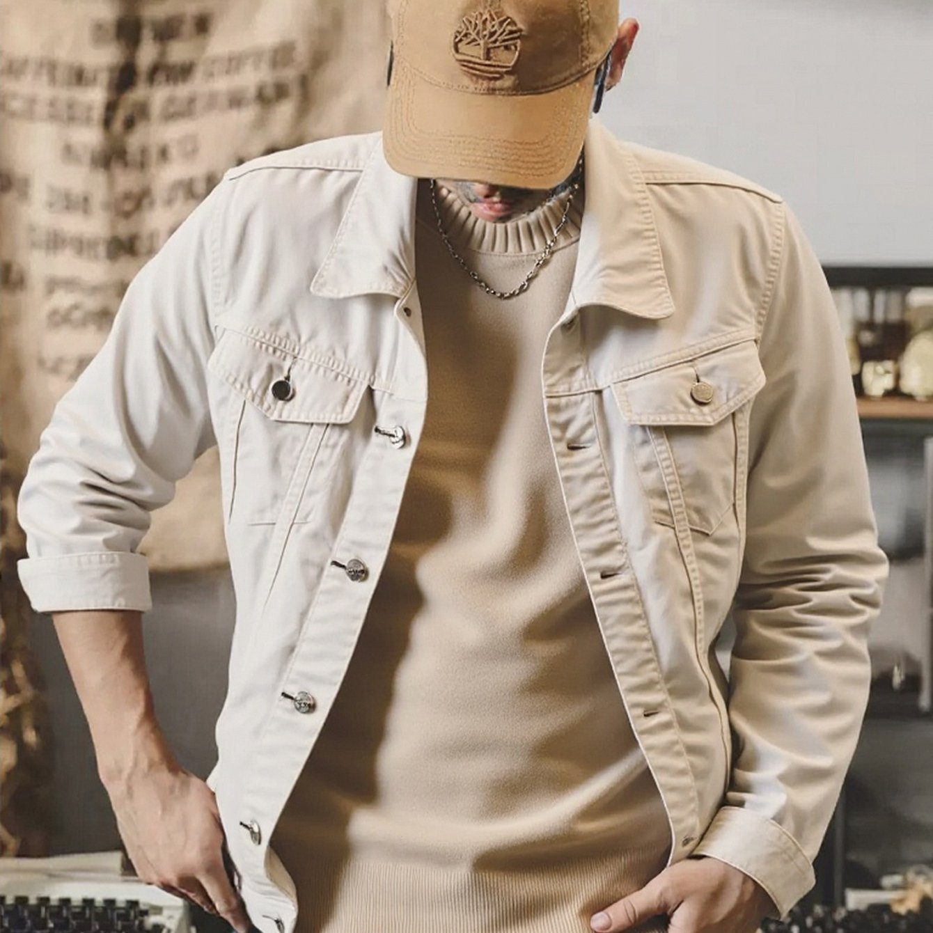 Image of Men's Denim Jacket , Featuring A 3d Lapel Design, Metal Buttons , And Flap Pockets On Either Side. It Has And Easy Texture, A Slim Fit, And A Stylish Casual Look