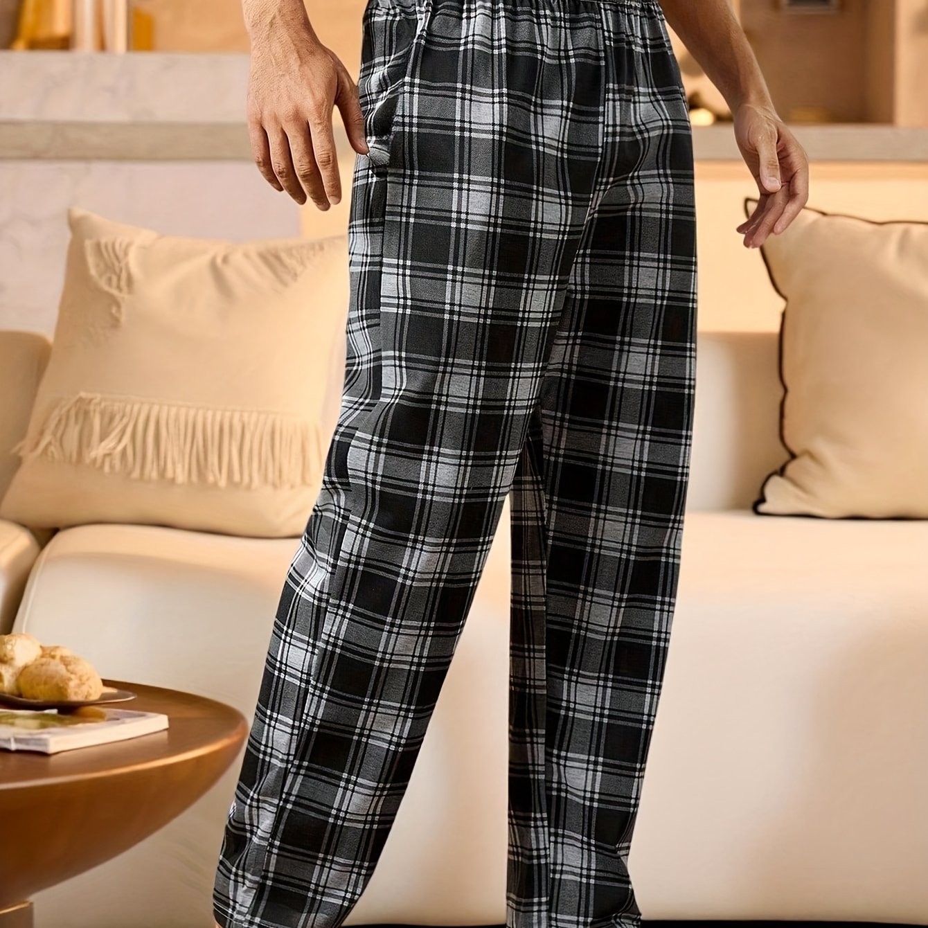 TEMU 1-pc Men's Plaid Casual Pants Homewear, Plus Size For Home And Leisure, Worn Outside, Suitable For Spring And Summer