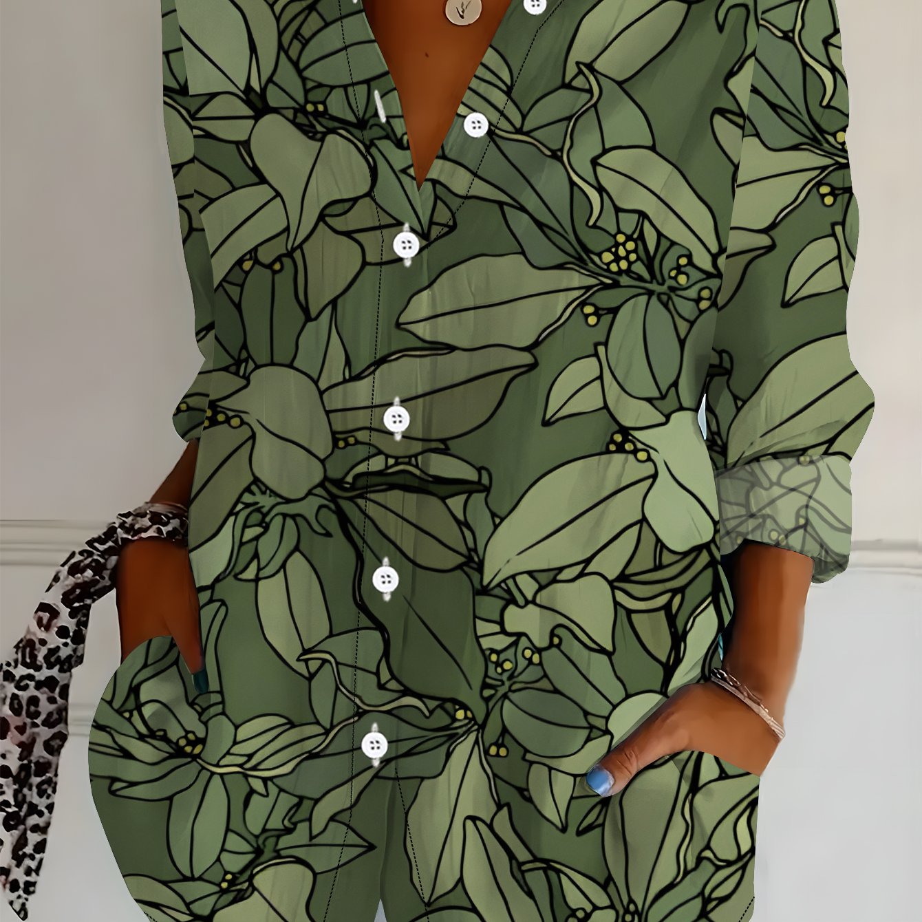 TEMU Plus Size Women's Long Sleeve Shirt, Leaf Print Shirt, Green Plant Style Mid-length Women's Shirt, Dark Green Printed Casual Shirt, Soft