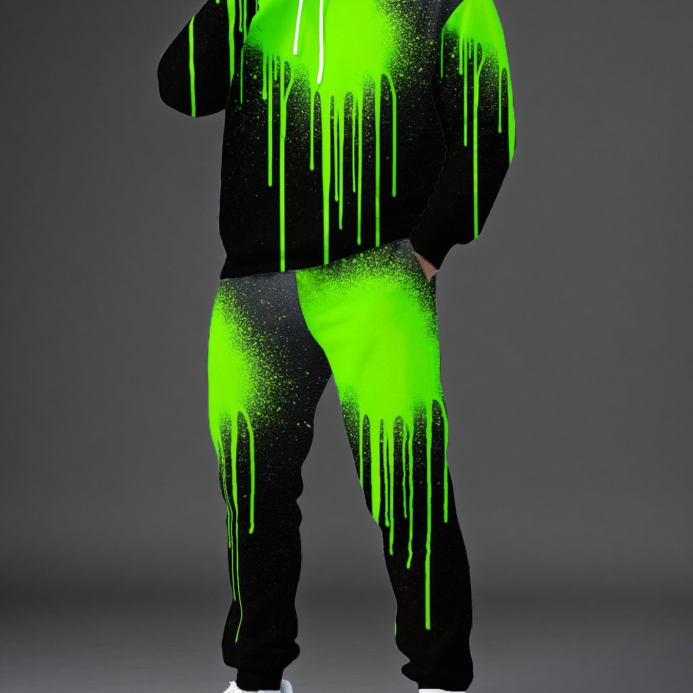 Image of Men's Hoodie& Jogger Set Green Drip Paint Streetwear Outfit Hop, Urban Fashion, Casual Attire