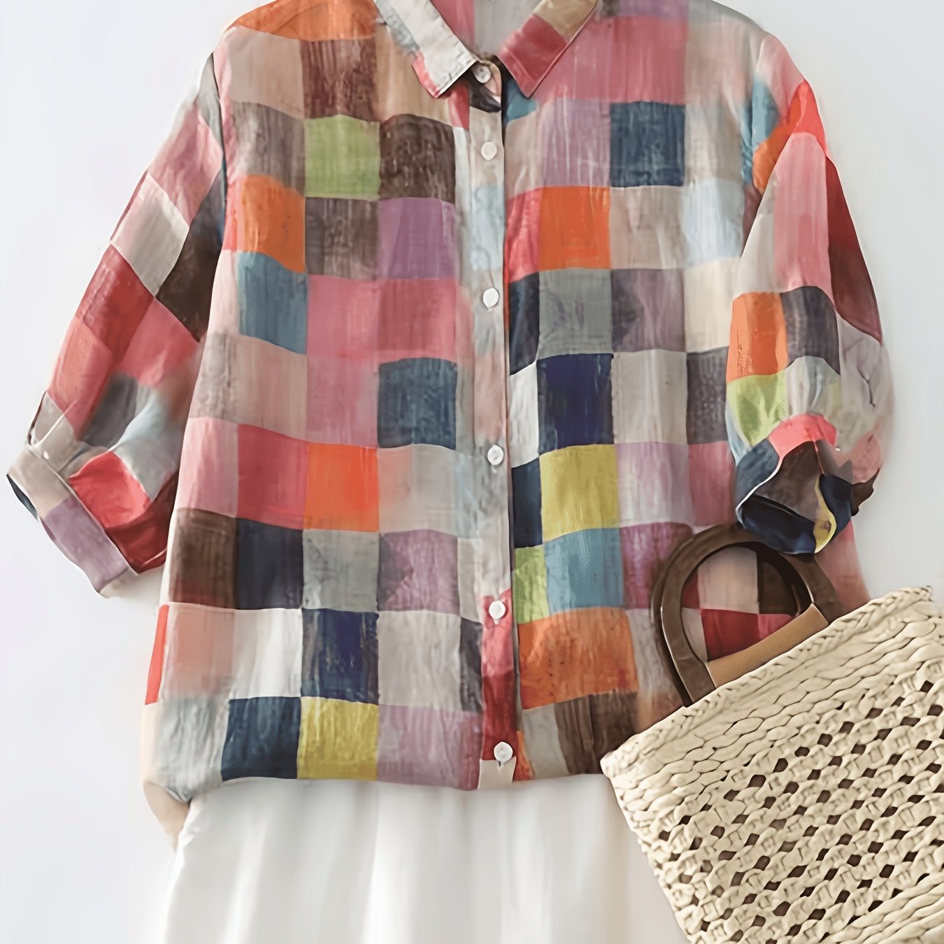 TEMU Women's Casual Vacation Multicolor Retro Checkered Printed Short Sleeve Shirt, Button-up Blouse