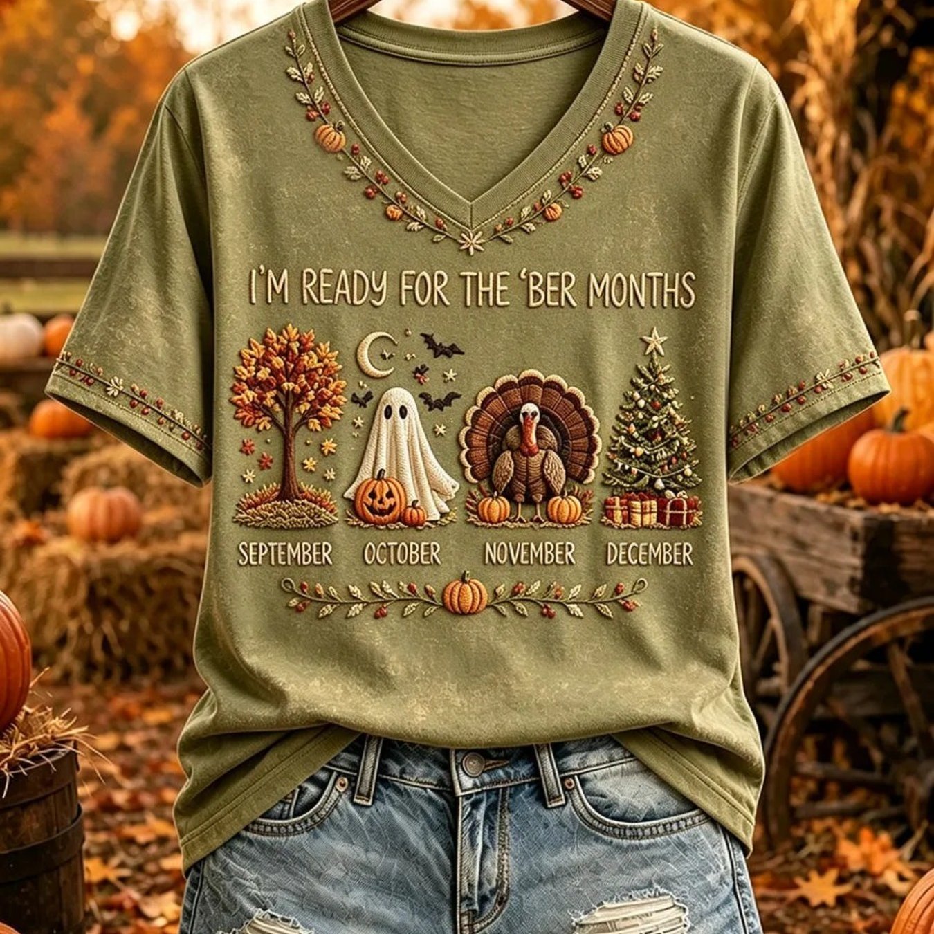TEMU For The Ber Months Fall Tree Pumpkin Turkey Christmas Tree Graphic V Neck Short Sleeve T Shirt Women September October December Casual Tee
