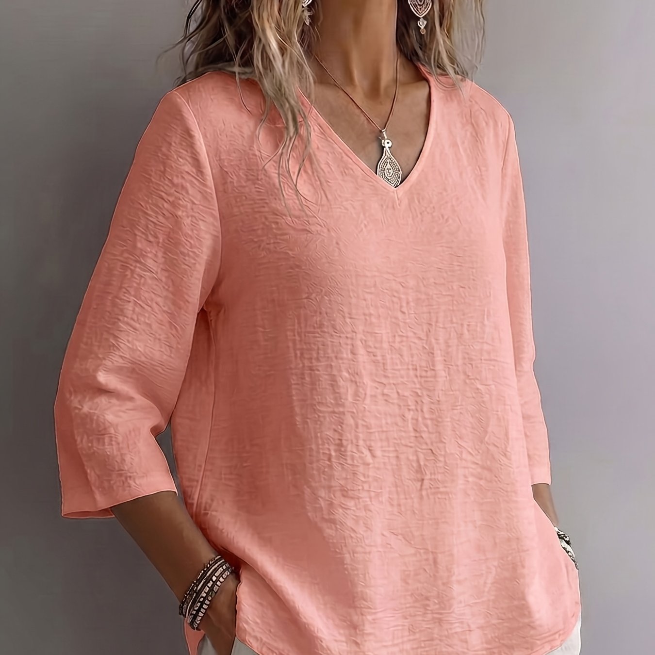 TEMU Solid Color Qf Spring/summer New Women's Top, Solid Color Casual Versatile Commuter Loose Fit Three-quarter Sleeve V-neck Clothing