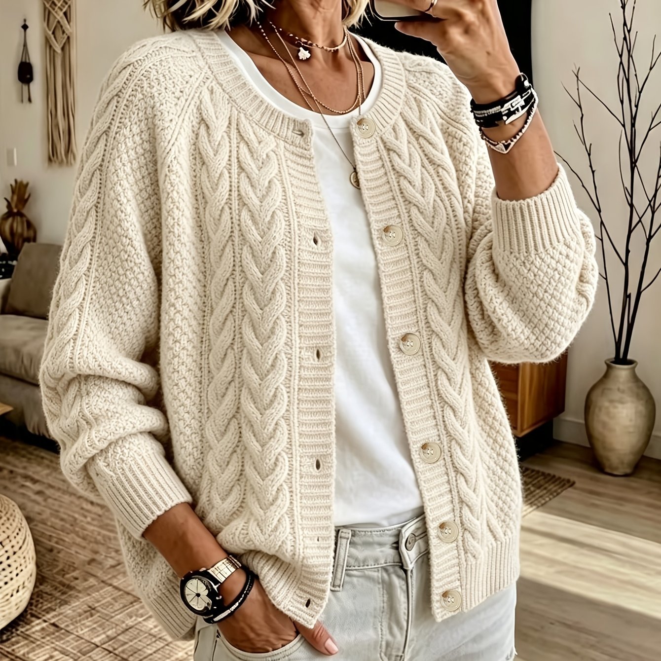 TEMU Nouveau cardigan automne/hiver pour femme, pull de style décontracté, cardigan de créateur couleur à col rond, vêtement d'extérieur décontracté