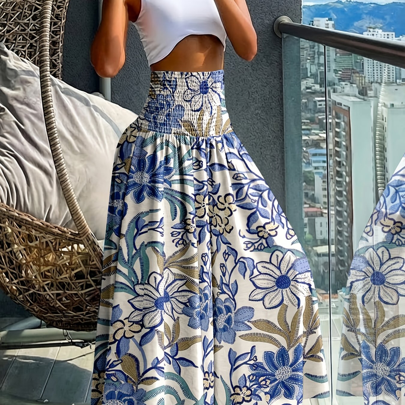 TEMU Retro Floral Print High-waist Belted Slotted Elastic Wide Pants