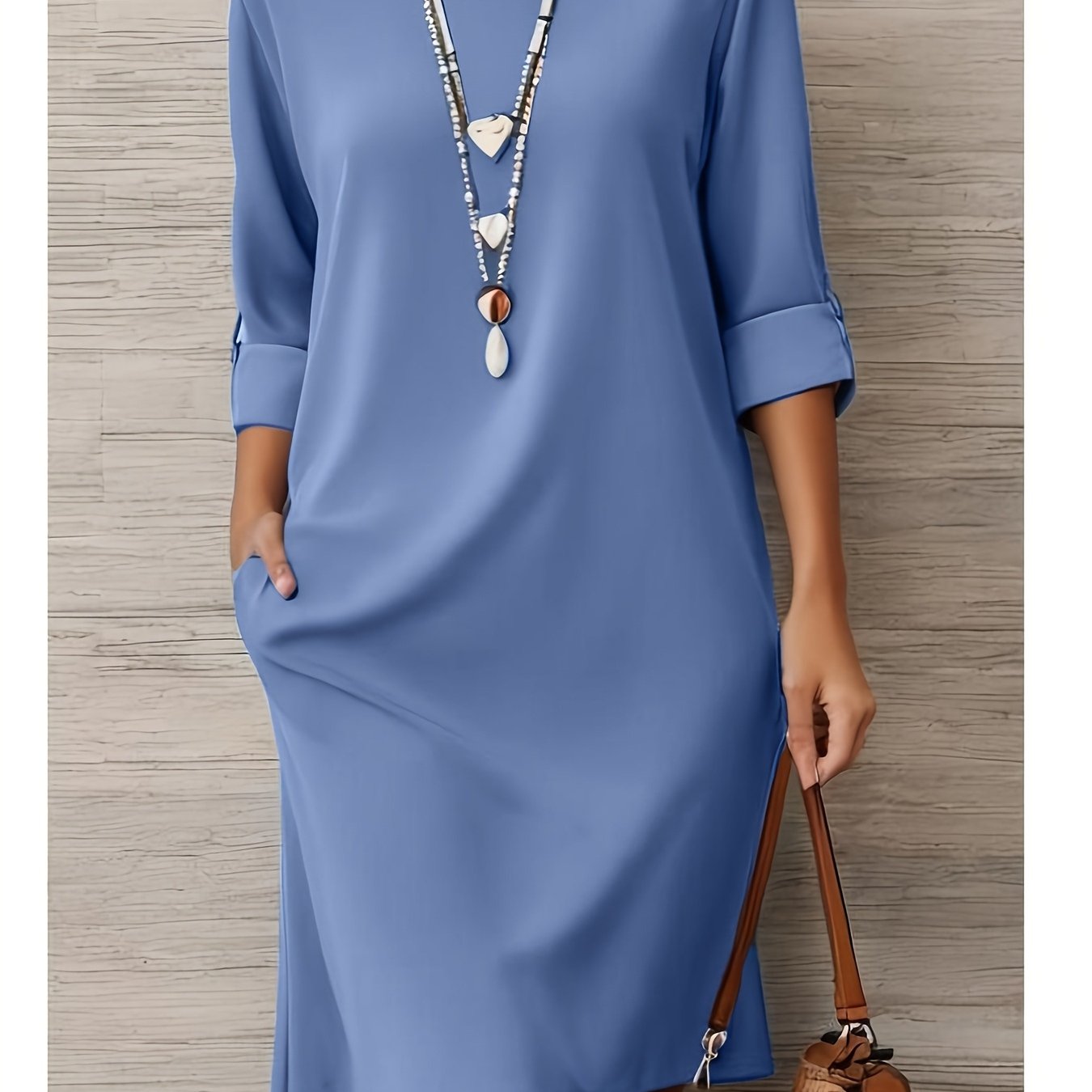 TEMU Women's Casual Summer Solid Color Knee-length Dress- Round Neck Slim Fit Design, Side Slit, Lightweight Breathable Fabric, Suitable For Warm
