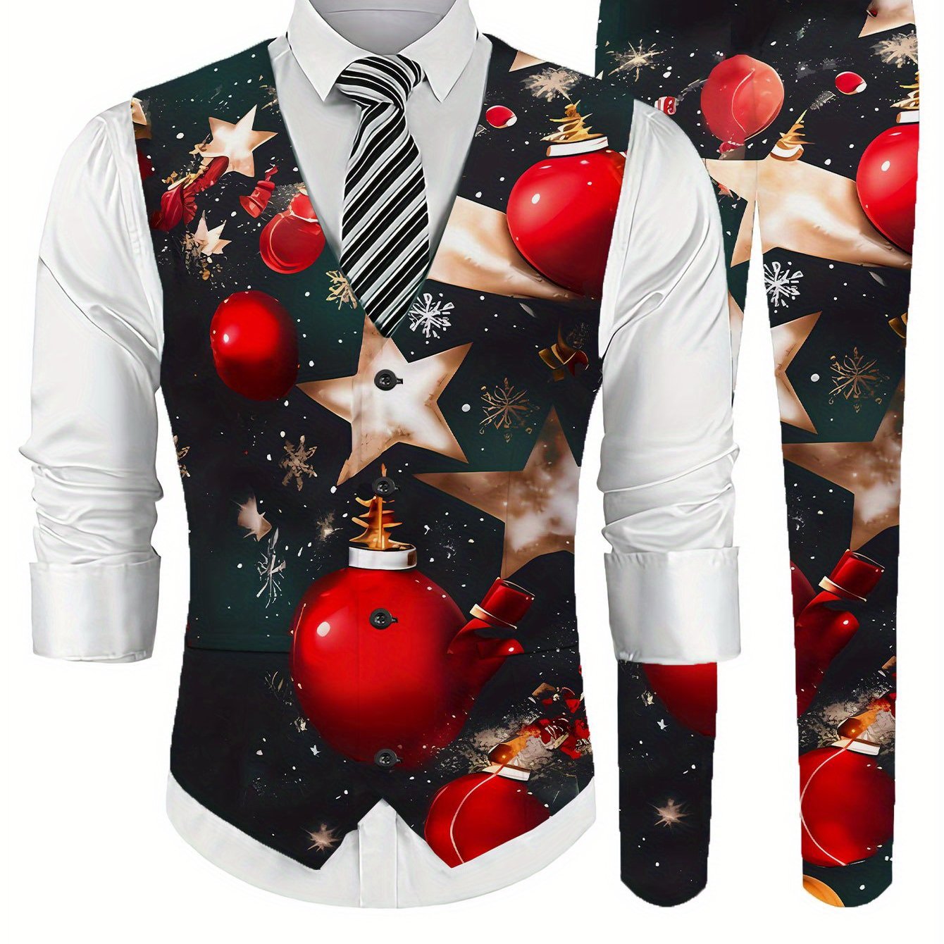 TEMU Men's Fashion 2pcs Vest And Dress Pants Set, Red Golden Christmas Style Pattern, Men's Vest Suit Set, Business Formal Print Vest And Trousers